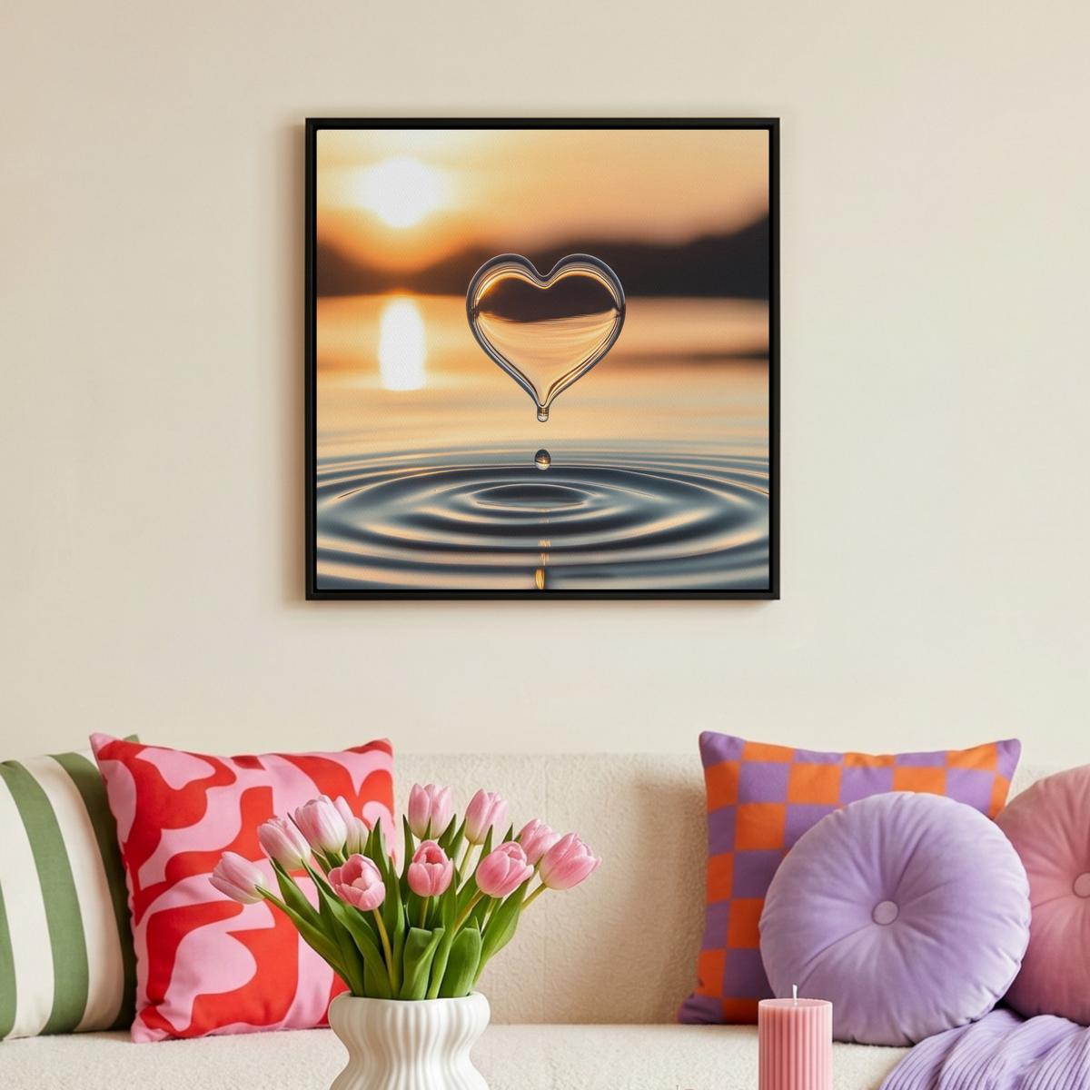 LEINWAND Bilder mit Rahmen - Herz - Wasser - Sonnenuntergang - Natur - Zen - 50x50 - Bernsteinfarben, Textil (50/50cm) - MuchoWow
