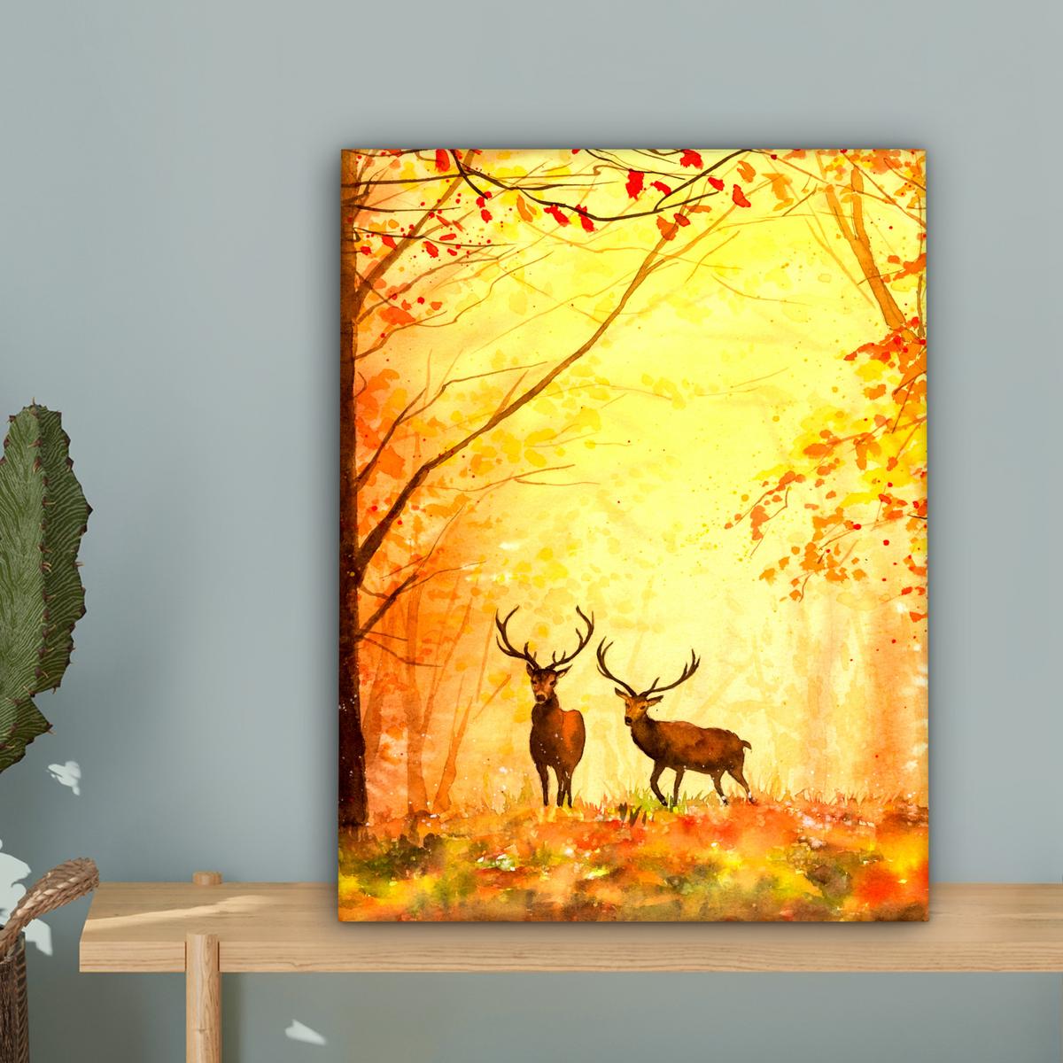 LEINWANDBILD Natur - Ölfarbe - Hirsche - Tiere - Herbst - Orange Room Decor 30x40 cm - Orange, Textil (30/40cm) - MuchoWow