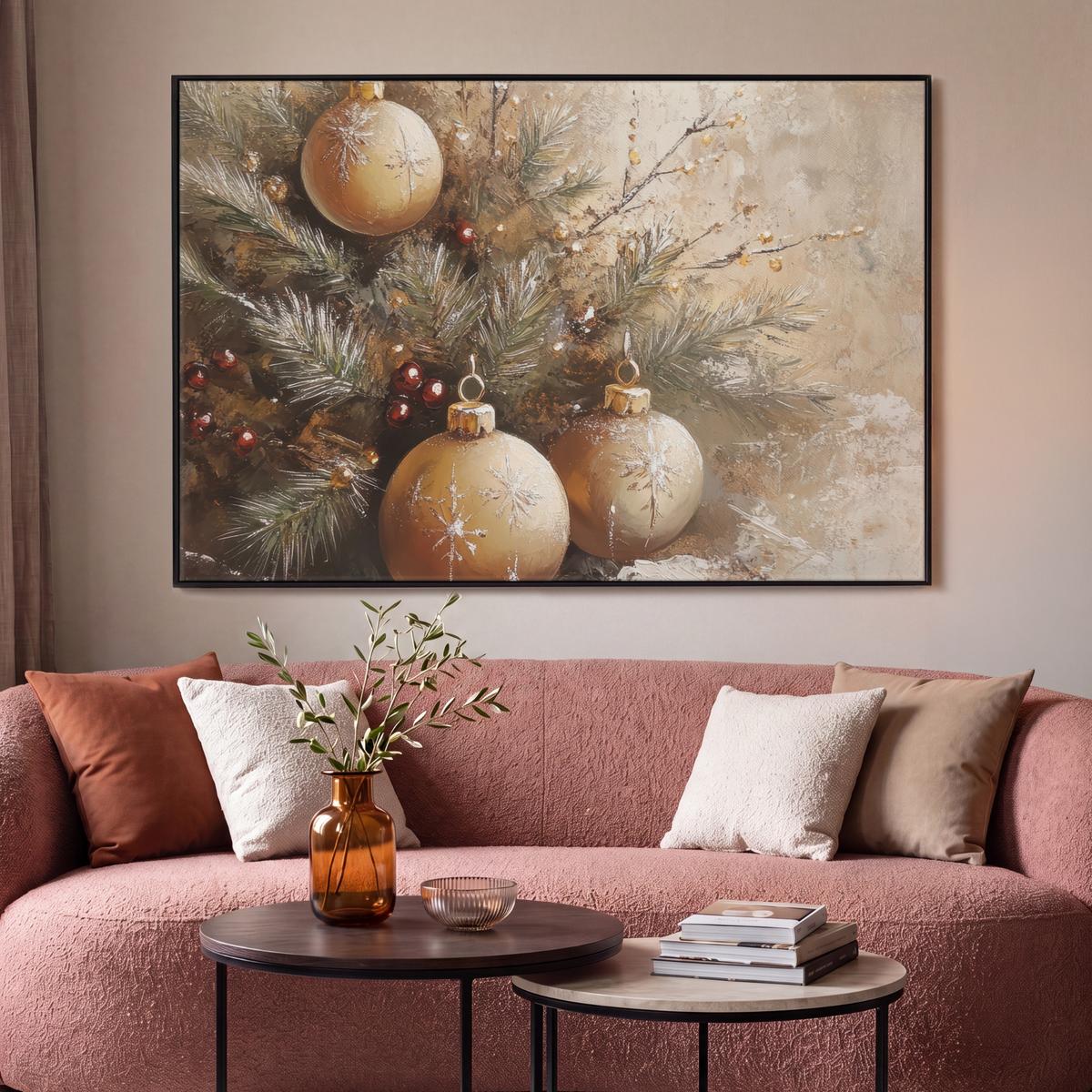 LEINWAND Bilder mit Rahmen - Weihnachten - Kugeln - Beige - Gold - 120x80 - Goldfarben, Textil (120/80cm) - MuchoWow