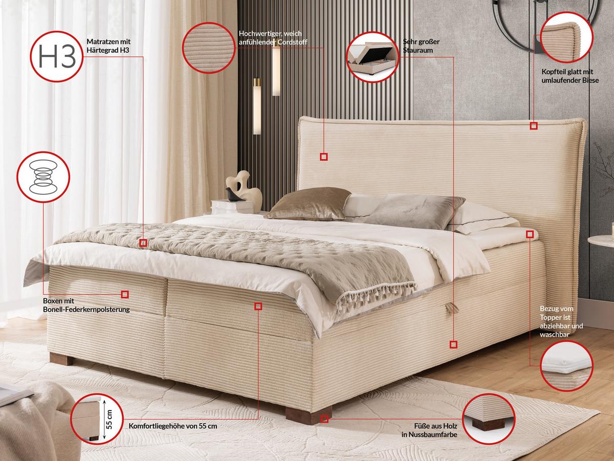BOXBETT Lovetti II, Cord, H3 - Beige/Dunkelbraun, Holz/Kunststoff (200/200cm) - S-Style Möbel