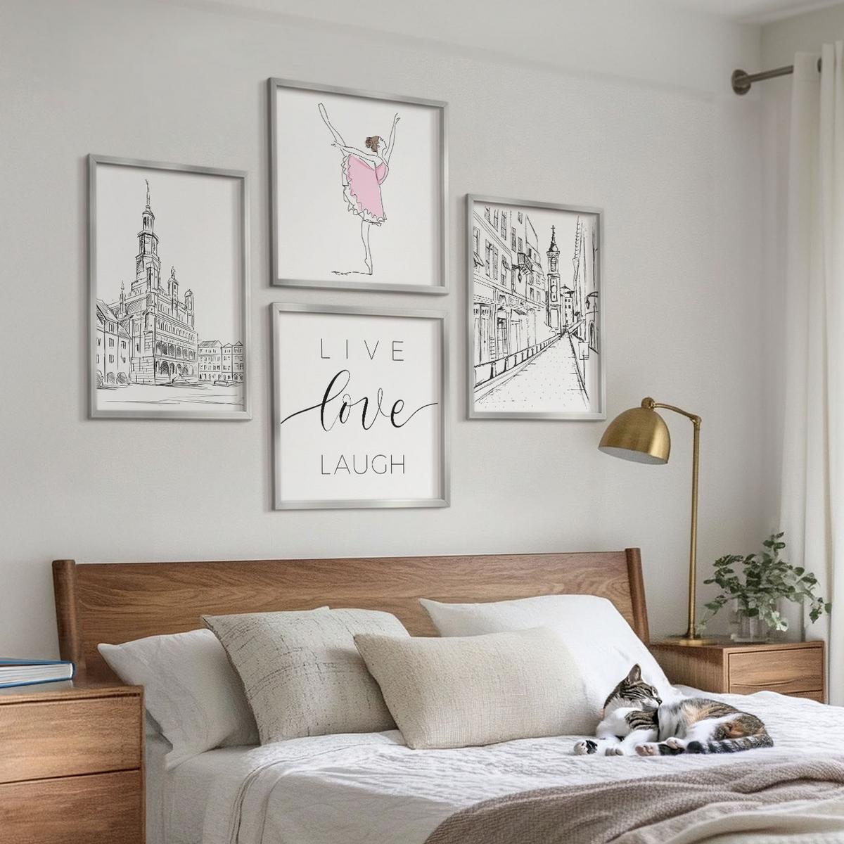 BILDER SET 4er Set - 50x50 cm & 40x60 cm Silberner Rahmen - Stilvolle Grafik, Ballerina-Architektur - Silberfarben, Kunststoff (50/50cm) - TULUP
