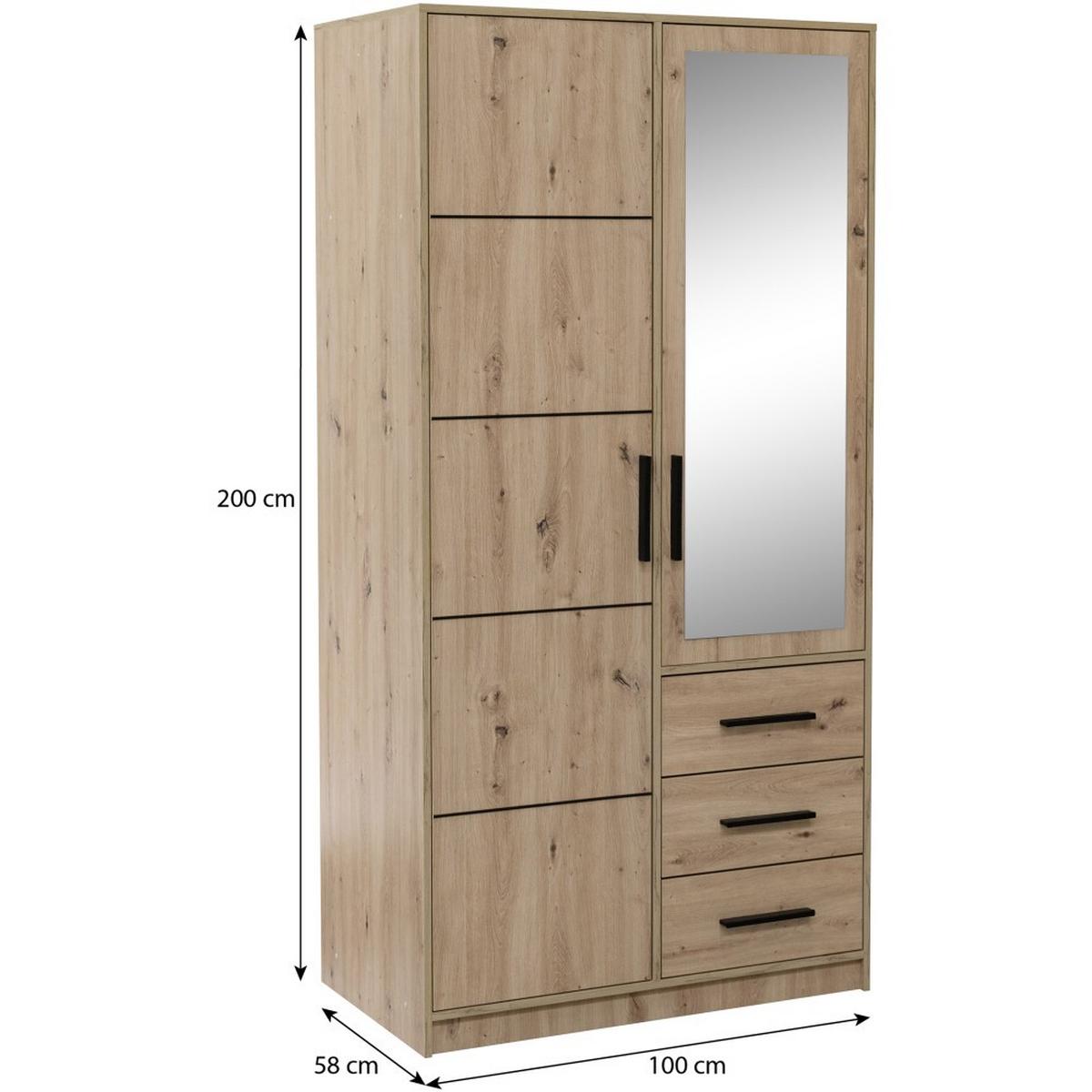 DREHTÜRENSCHRANK Kavo mit Spiegel und 2 Türen, eiche Artisan - Schwarz/Eiche Artisan, Holzwerkstoff (100/200/58cm) - Beautysofa