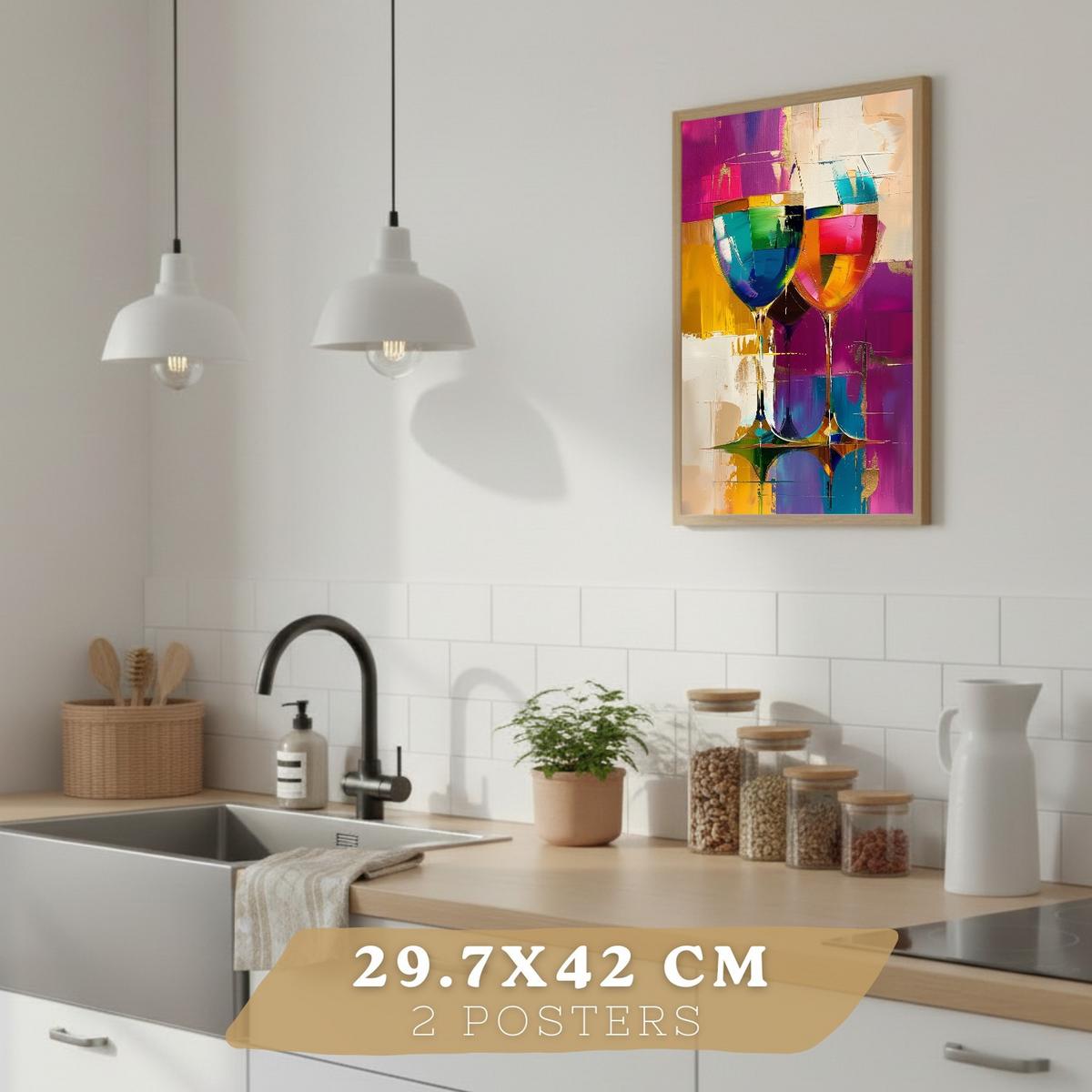 POSTER 2er Set Küchen-Wandbilder Weingläser und Flaschen Pop Art Bunt Abstrakt Esszimmer Wanddeko Schwarzer Rahmen A3 - Schwarz, Papier (29.7/1/42cm) - Nacnic
