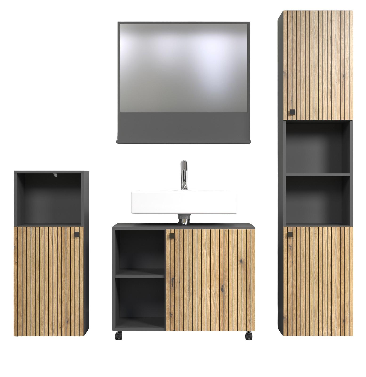 BADMÖBEL-SET Evoke Eiche, grau 180 x 186 cm 4-teilig, Badkombination in modernem Design - Eichefarben/Anthrazit, Holzwerkstoff/Metall (31/95/40cm) - Top.Furn
