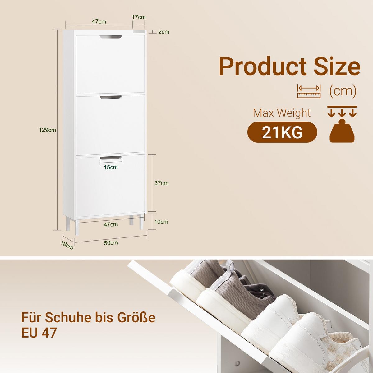 SCHUHSCHRANK weiß, 50x129x19 cm, 3 Klappen für 6 Paar, hoch & nur 19 cm tief, erweiterbar zur Schuhwand - Weiß, Holzwerkstoff/Metall (50/129/19cm) - SoBuy