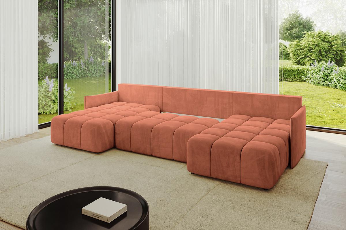WOHNLANDSCHAFT LONLI-U 355x189x68 Apricot Velours - Koralle, Holzwerkstoff/Kunststoff (355/68/189cm) - ALTDECOR