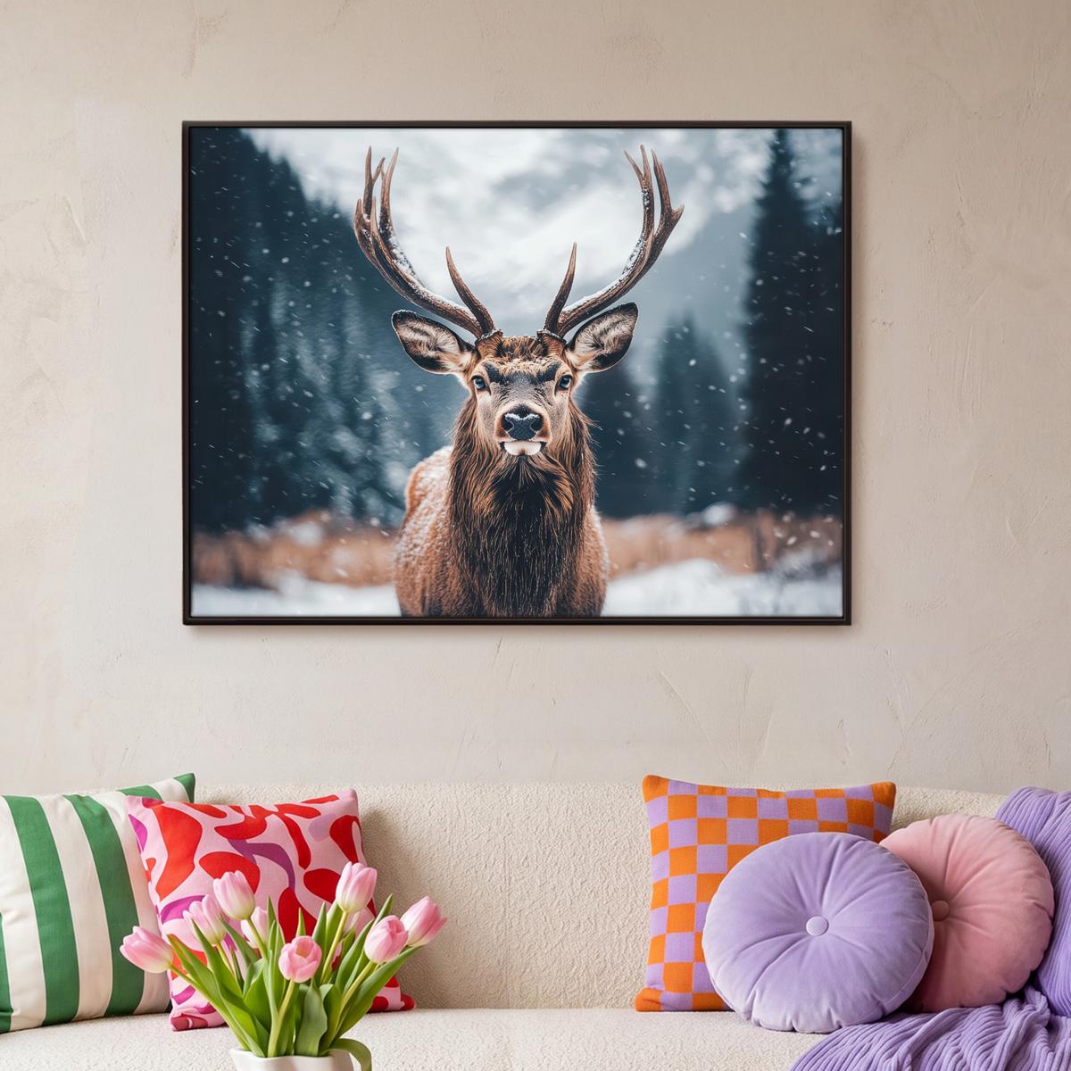 LEINWAND Bilder mit Rahmen - Hirsche - Tiere - Landschaft - Winter - Schnee - 100x70 - Kastanienfarben, Textil (100/70cm) - MuchoWow