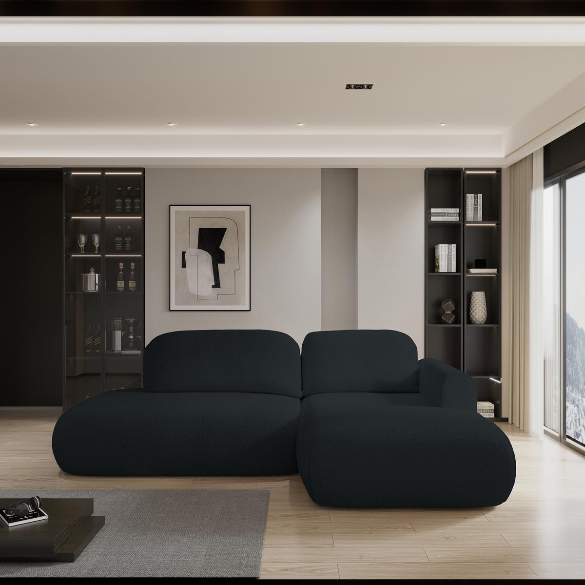 ECKSOFA NUVIRA R-S Schwarz Boucle-Stoff mit Schlaffunktion - Schwarz, Holz (279/158cm) - MASSENO