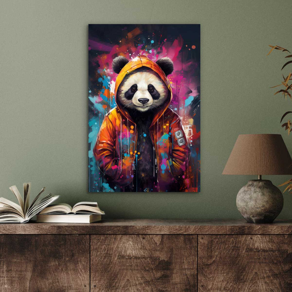METALLBILD Panda - Jacke - Graffiti - Orange Deko Schlafzimmer 40x60 cm - Orange, Metall (40/60cm) - MuchoWow
