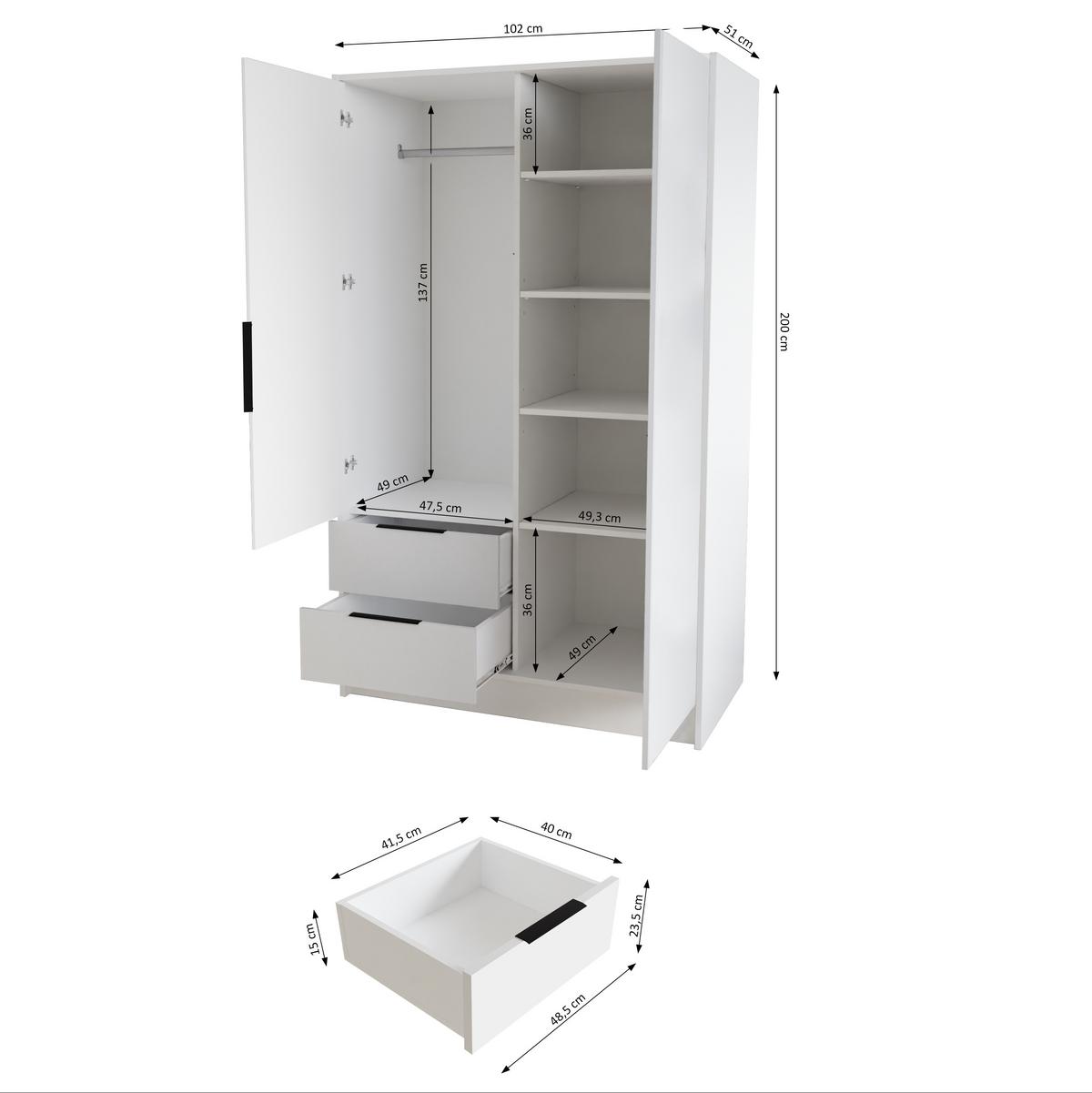 DREHTÜRENSCHRANK CAVA 102/200/51 cm Modern Kleiderschrank 2-türig mit Spiegel Schwarz - Schwarz, Holzwerkstoff (102/200/51cm) - MASSENO