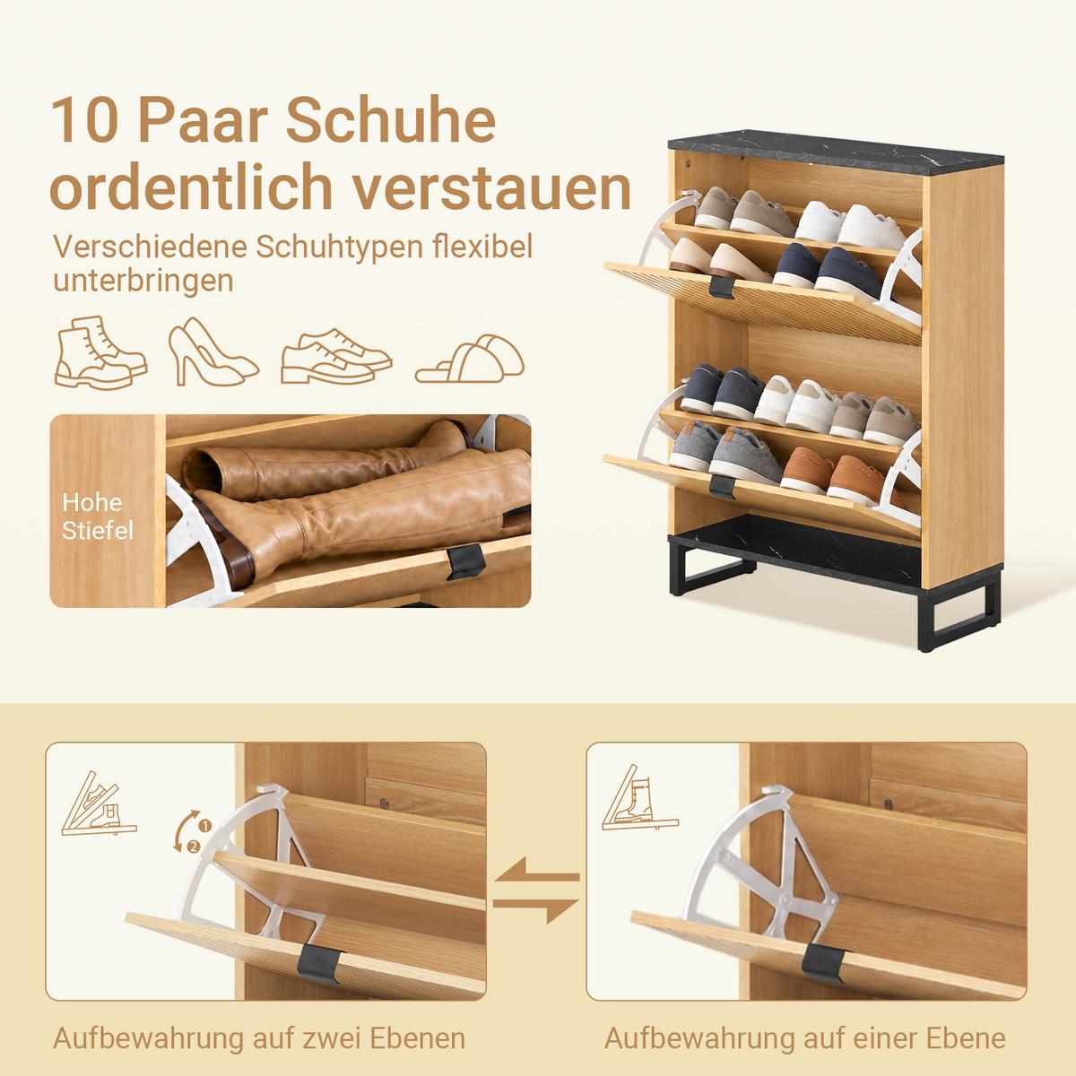 SCHUHSCHRANK mit 2 Klappen, 60 x 88 x 24 cm, Holzoptik, ca. 10 Paar, bis EU 47, Metallfüße, schmal für Flur und Diele - Naturfarben, Holzwerkstoff (60/88/24cm) - SoBuy