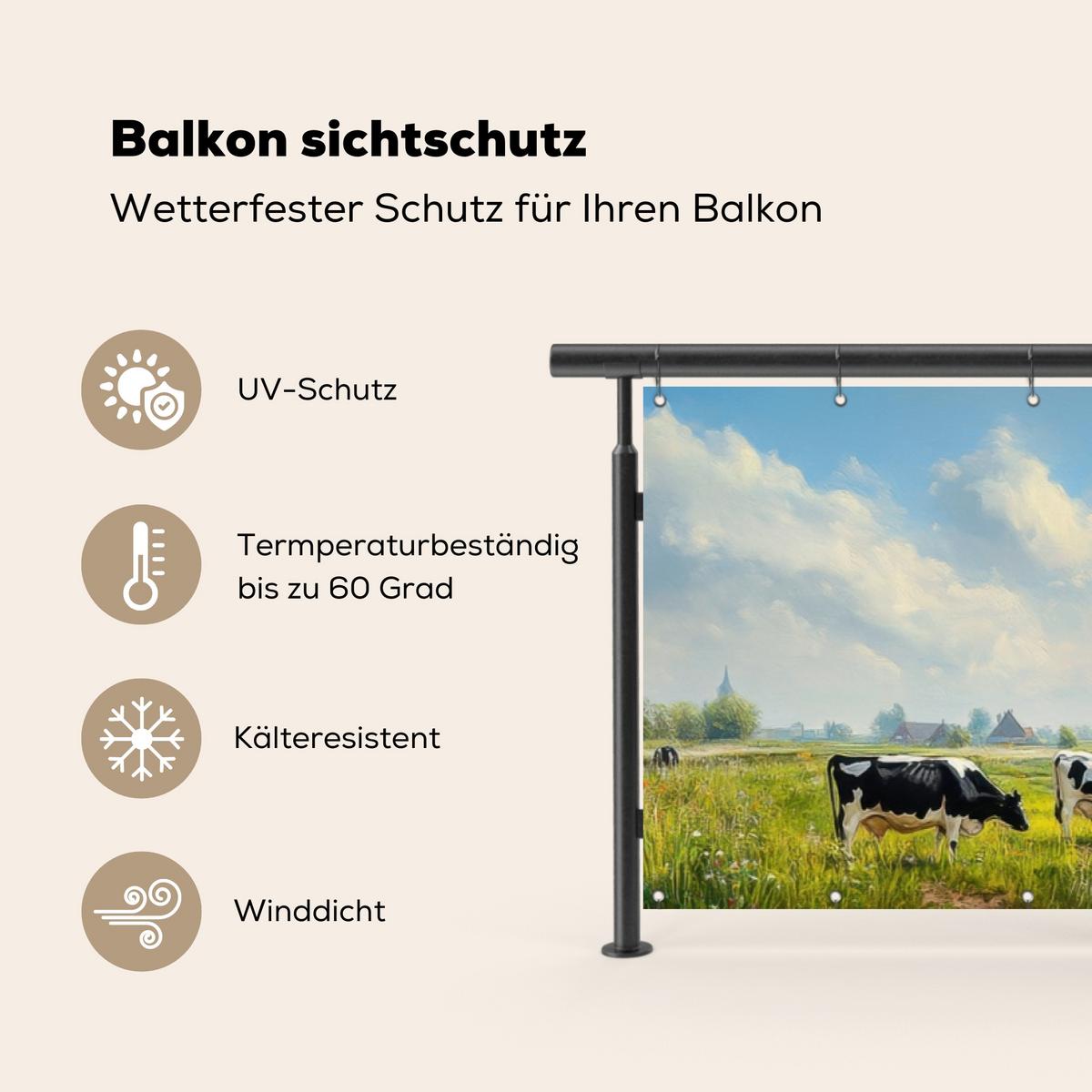 BALKON-SICHTSCHUTZ Kühe - Windmühle - Wiese - Blau Witterungsbeständig 300x80 cm - Grün, Kunststoff (300/80cm) - MuchoWow