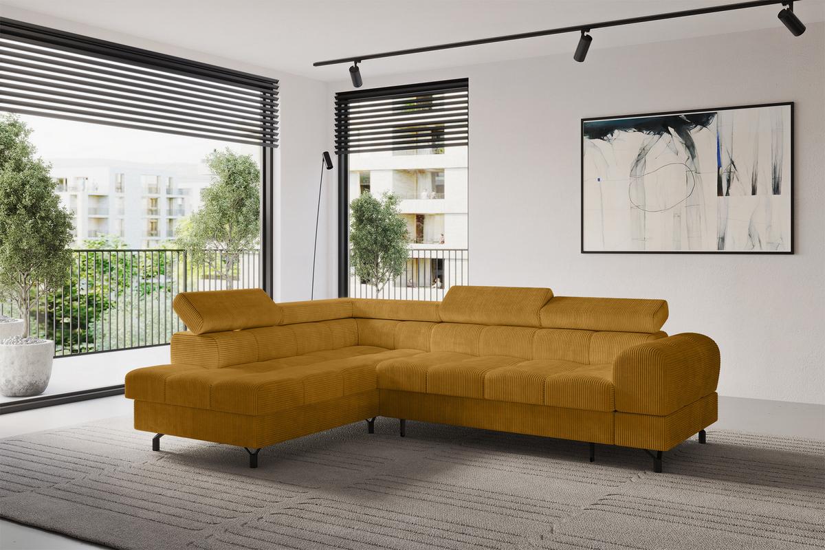 ECKSOFA mit Schlaffunktion Ottomane Links LUMA-L 272x203x70 Senfgelb Cord - Schwarz/Honig, Holzwerkstoff/Kunststoff (272/203cm) - ALTDECOR