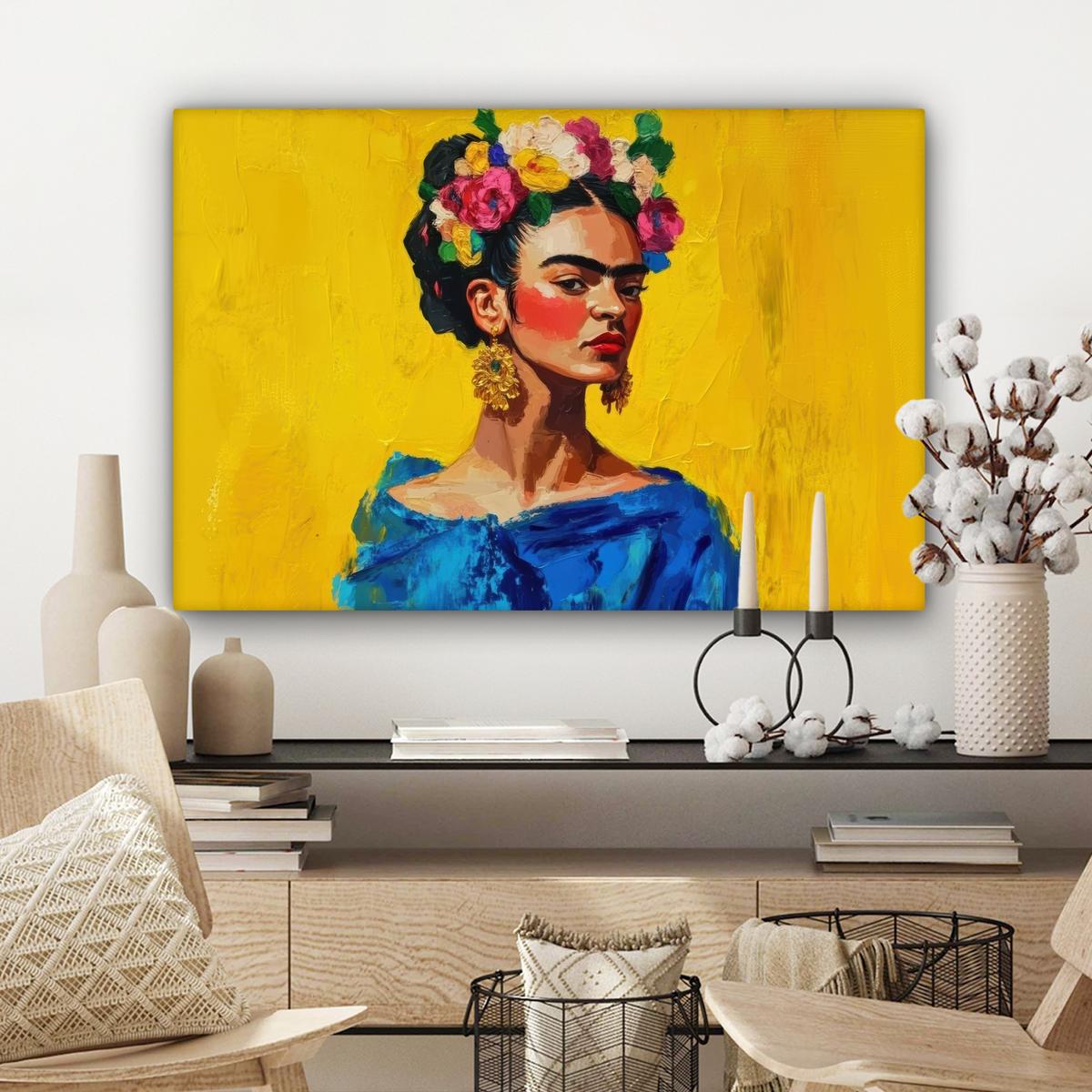 LEINWANDBILD Frida Kahlo - Frau - Gelb - Blau - Blumen Wanddeko 90x60 cm - Gelb, Textil (90/60cm) - MuchoWow