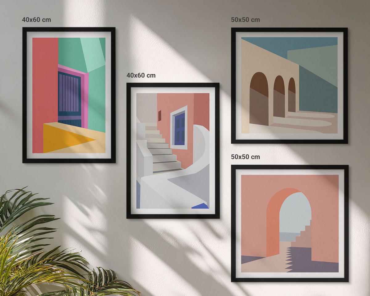 BILDER SET 4er Set - 50x50 cm & 40x60 cm Schwarzer Rahmen - Farbenfrohe moderne Gebäude - Schwarz, Kunststoff (50/50cm) - TULUP
