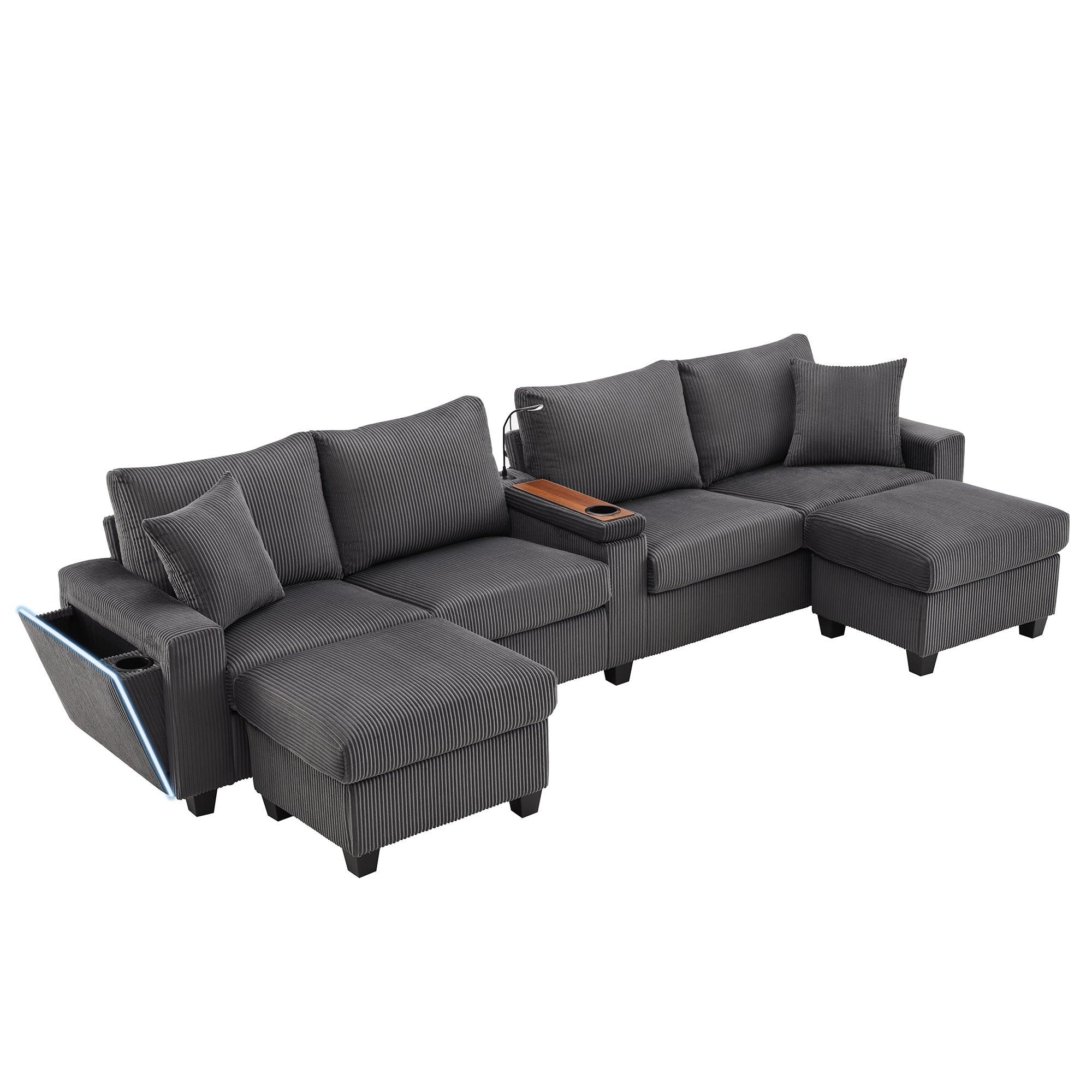 ECKSOFA aus Cord in Grau mit LED-Beleuchtung & smarten USB-Anschlüssen - Grau, Textil (128.5/334cm) - Urban Meuble