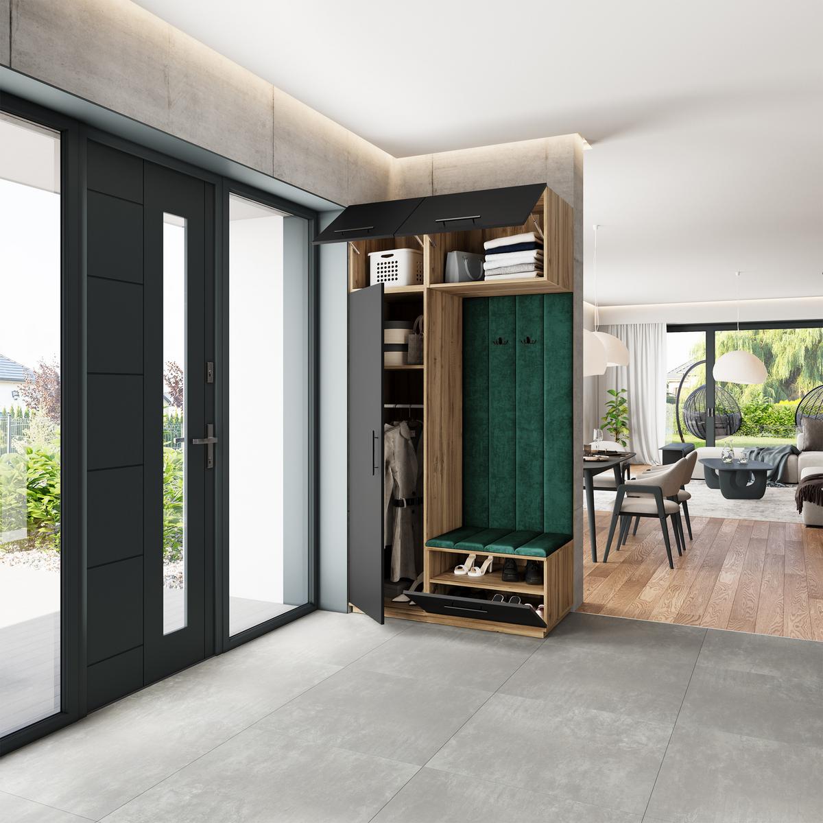 GARDEROBENSCHRANK REMA 120/240/60 cm Modern Garderobe-Set Eiche Wotan - Eiche Wotan/Schwarz, Holzwerkstoff (120/240/60cm) - MASSENO