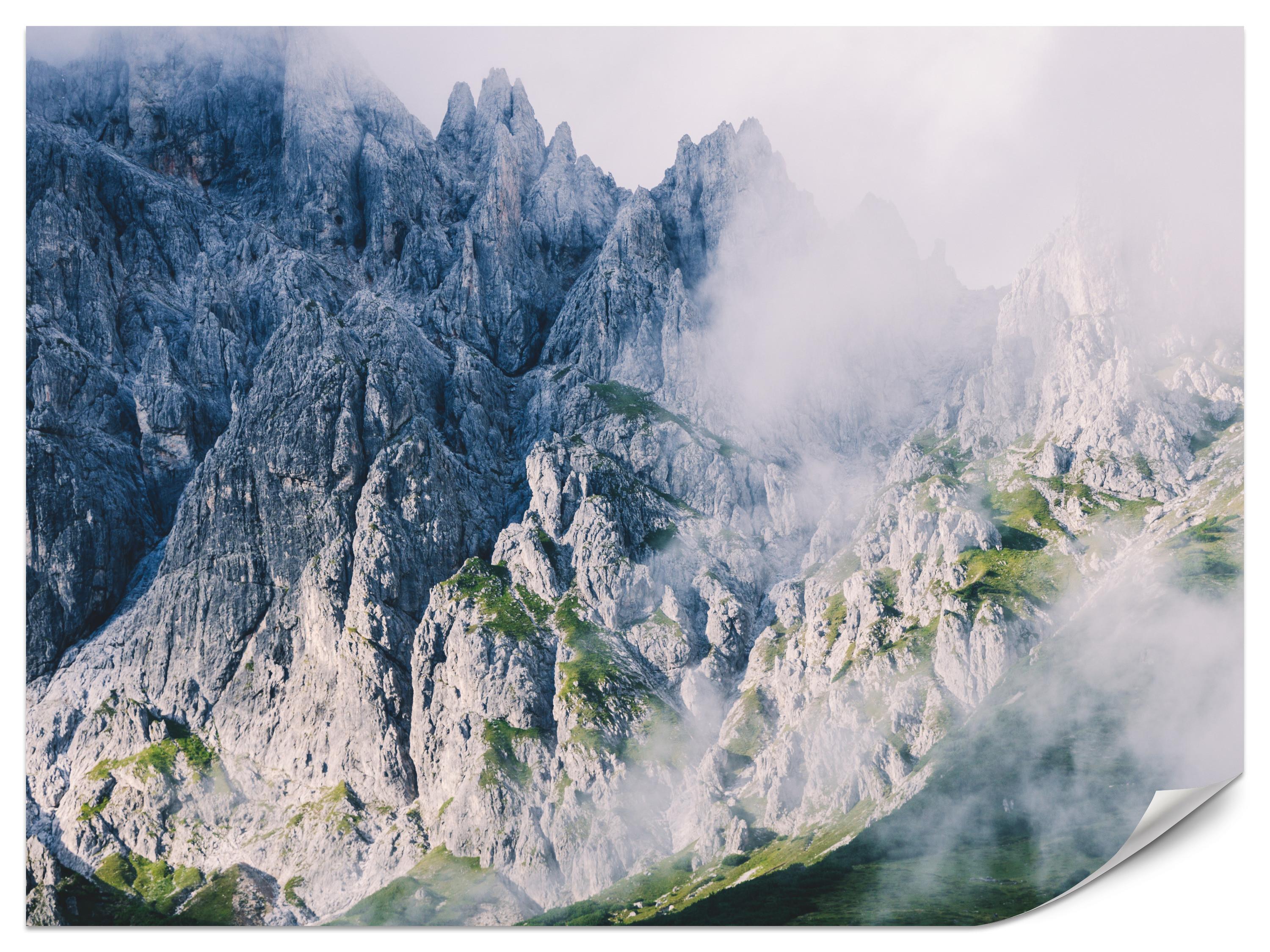 FOTOTAPETE für Wohnzimmer Felsige Berge Nebel Moos 400x280 - Blau/Weiß, Papier (400/280cm) - Muralo