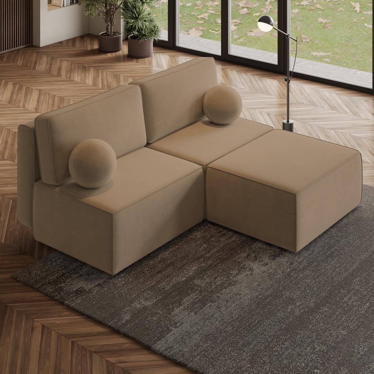 ECKSOFA VARNA M Beige Velours-Stoff mit Schlaffunktion - Beige/Grau, Holz/Kunststoff (196/158cm) - MASSENO