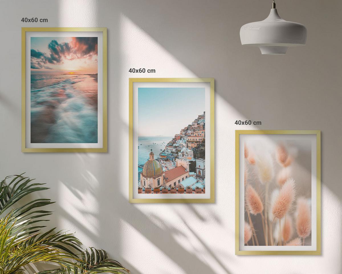 BILDER SET 3er Set - 40x60 cm Goldrahmen - Sonnenuntergang am Meer, Häuser, Blumen - Goldfarben, Kunststoff (40/60cm) - TULUP