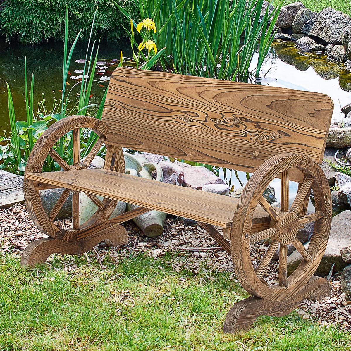 GARTENBANK mit Armlehne, Sitzbank mit Wagenräder-Design, Massivholz, Braun - Dunkelbraun, Holz (58/80/114cm) - Outsunny
