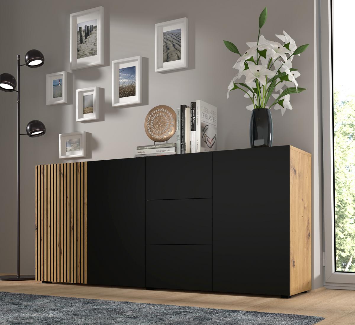 KOMMODE Artisan Eiche, Schwarz 180/82/42 - Schwarz, Holzwerkstoff (180/82/42cm) - RAUMHIRSCH FURNITURE