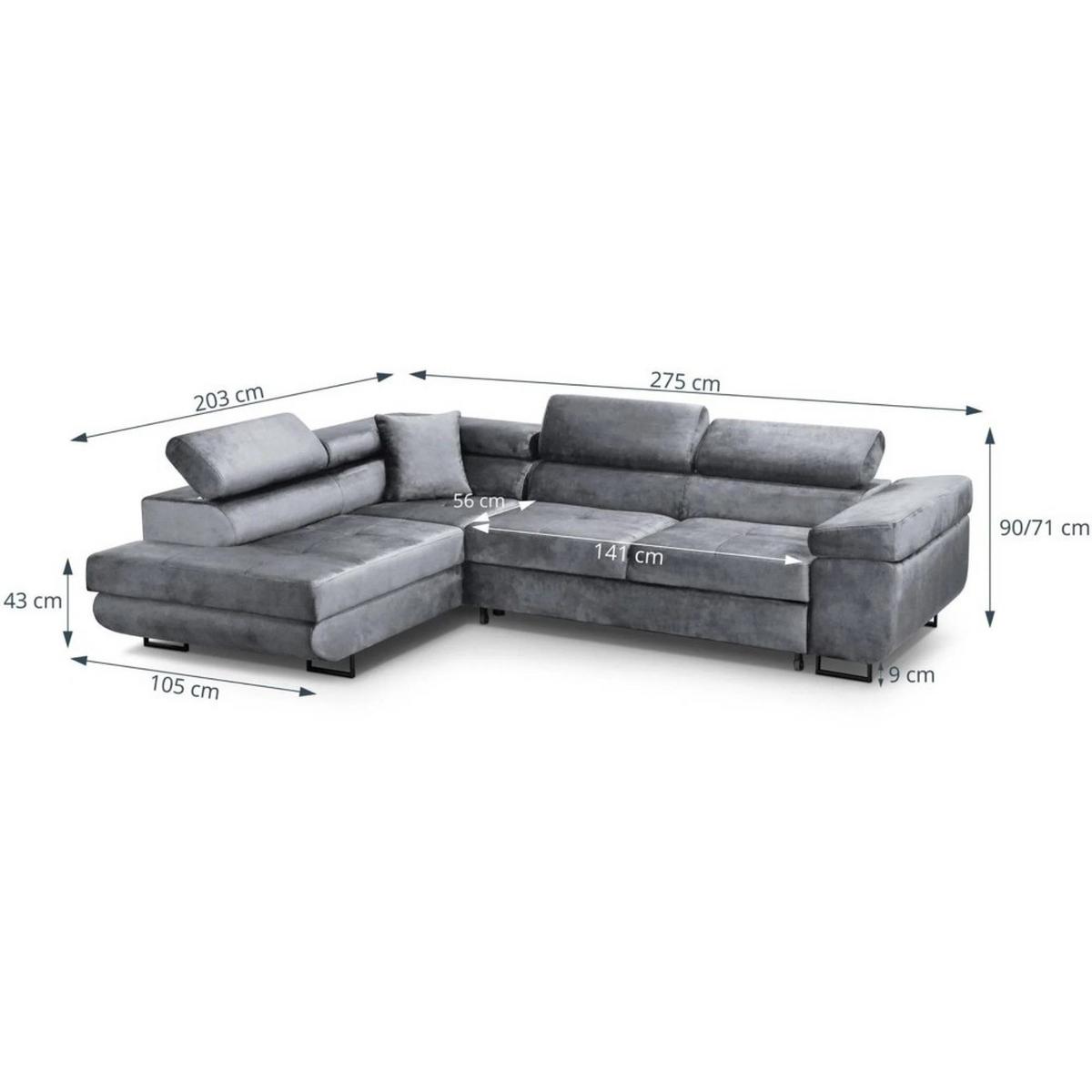 ECKSCHLAFSOFA Waldo verstellbaren Kopfstützen, Hellgrau, links - Hellgrau/Schwarz, Textil (275/203cm) - Beautysofa