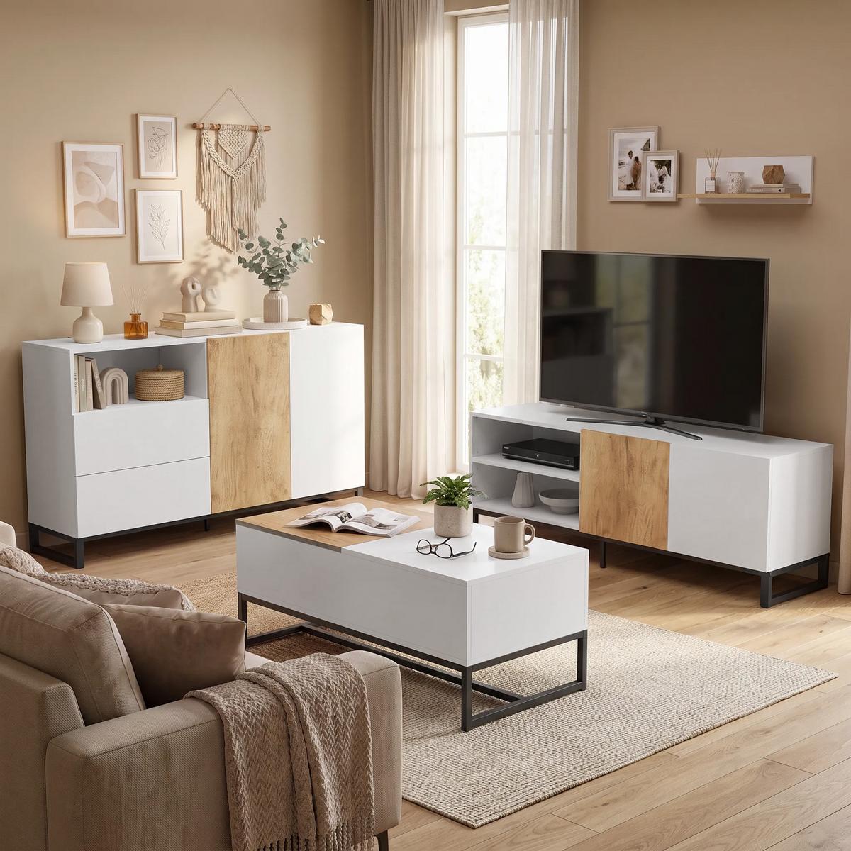 SIDEBOARD Spanplatte Stahl Weiß Eiche - Eichefarben/Schwarz, Holzwerkstoff/Metall (40/85/140cm) - HOMCOM