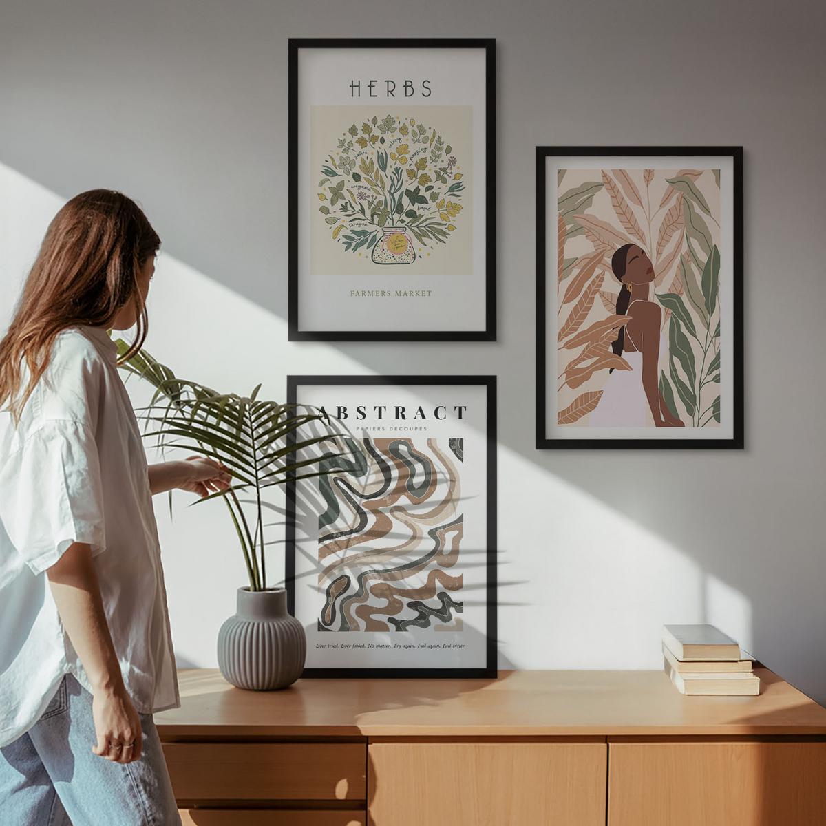 BILDER SET 3er Set - 40x60 cm Schwarzer Rahmen - Boho-Pastell-Minimalisten-Poster - Schwarz, Kunststoff (40/60cm) - TULUP