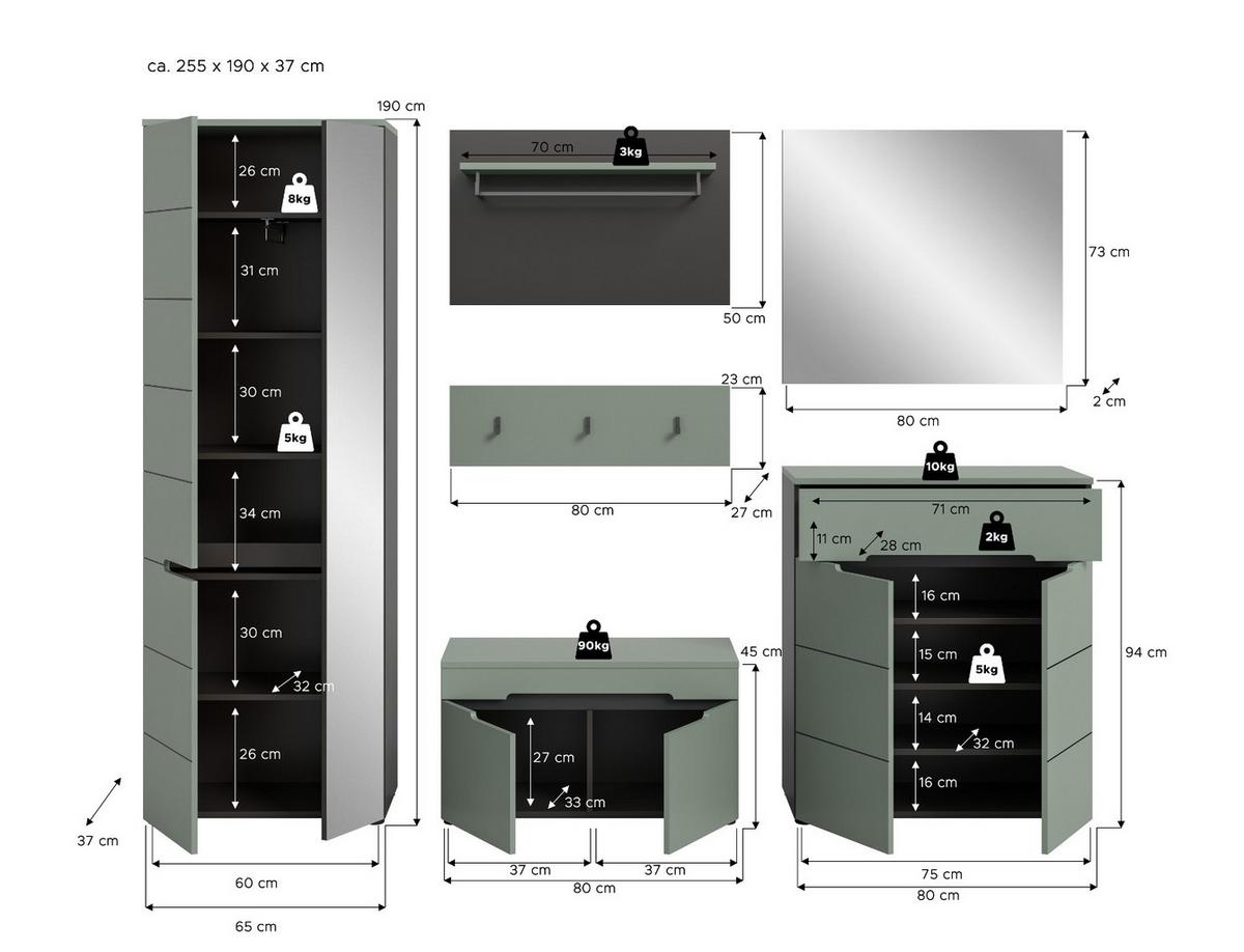 GARDEROBE SET 6-teilig Salbei Grün, Basalt Grau, Komplett-Set mit Soft-Close - Salbeigrün/Schwarz, Holzwerkstoff/Kunststoff (255/190/37cm) - Inn.Furn