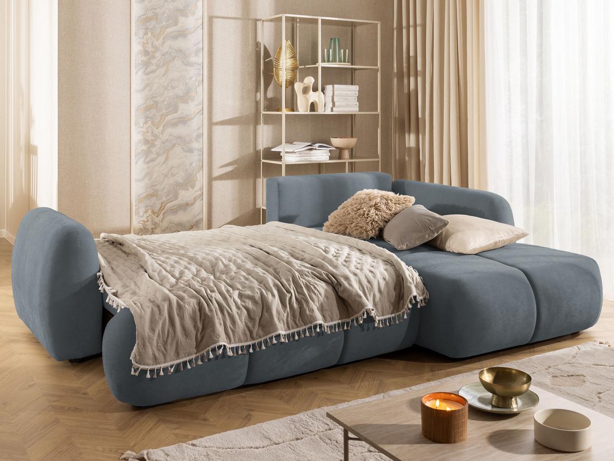ECKSOFA Loretto aus natürlichem Dunkelgrau Webstoff mit Schlaffunktion, Bettkasten und tiefen Steppungen in Bubble-Optik - Dunkelgrau/Schwarz, Holz/Kunststoff (275/180cm) - S-Style