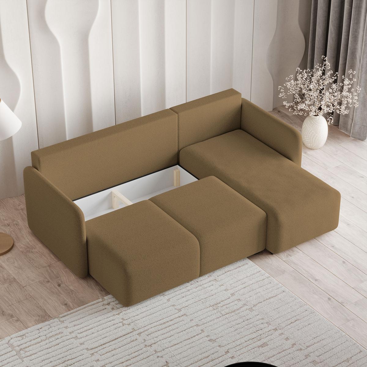 ECKSOFA SUVINO Orange Boucle-Stoff mit Schlaffunktion - Orange, Holz (230/143cm) - MASSENO