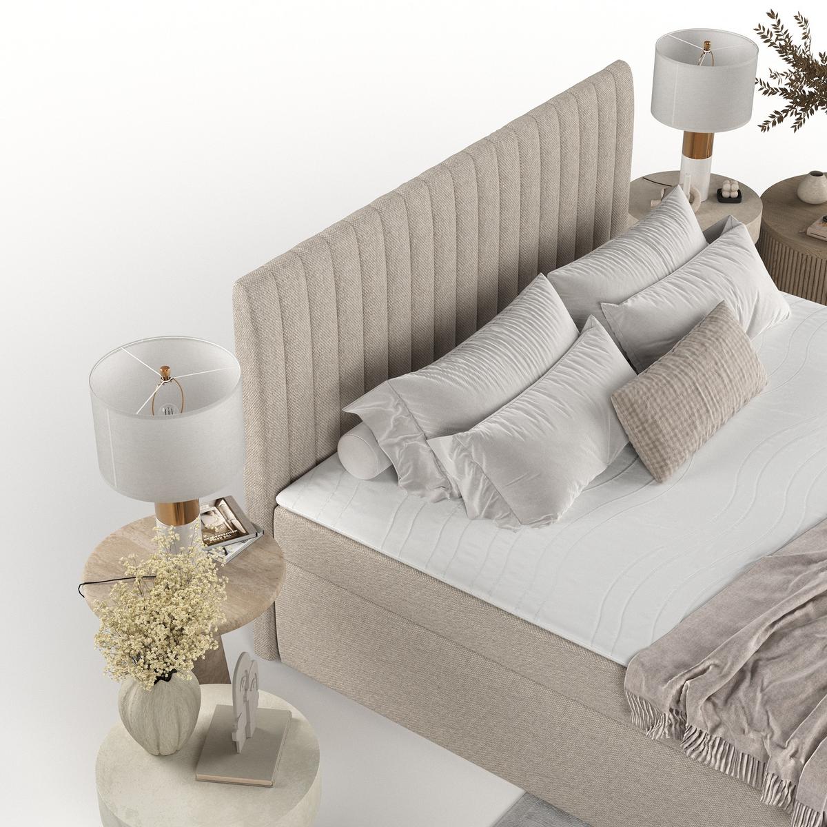 BOXBETT Maldon 140/200 cm Hellbeige im Megan Stoff - Sandfarben/Schwarz, Holz/Holzwerkstoff (140/200cm) - AltaBeds