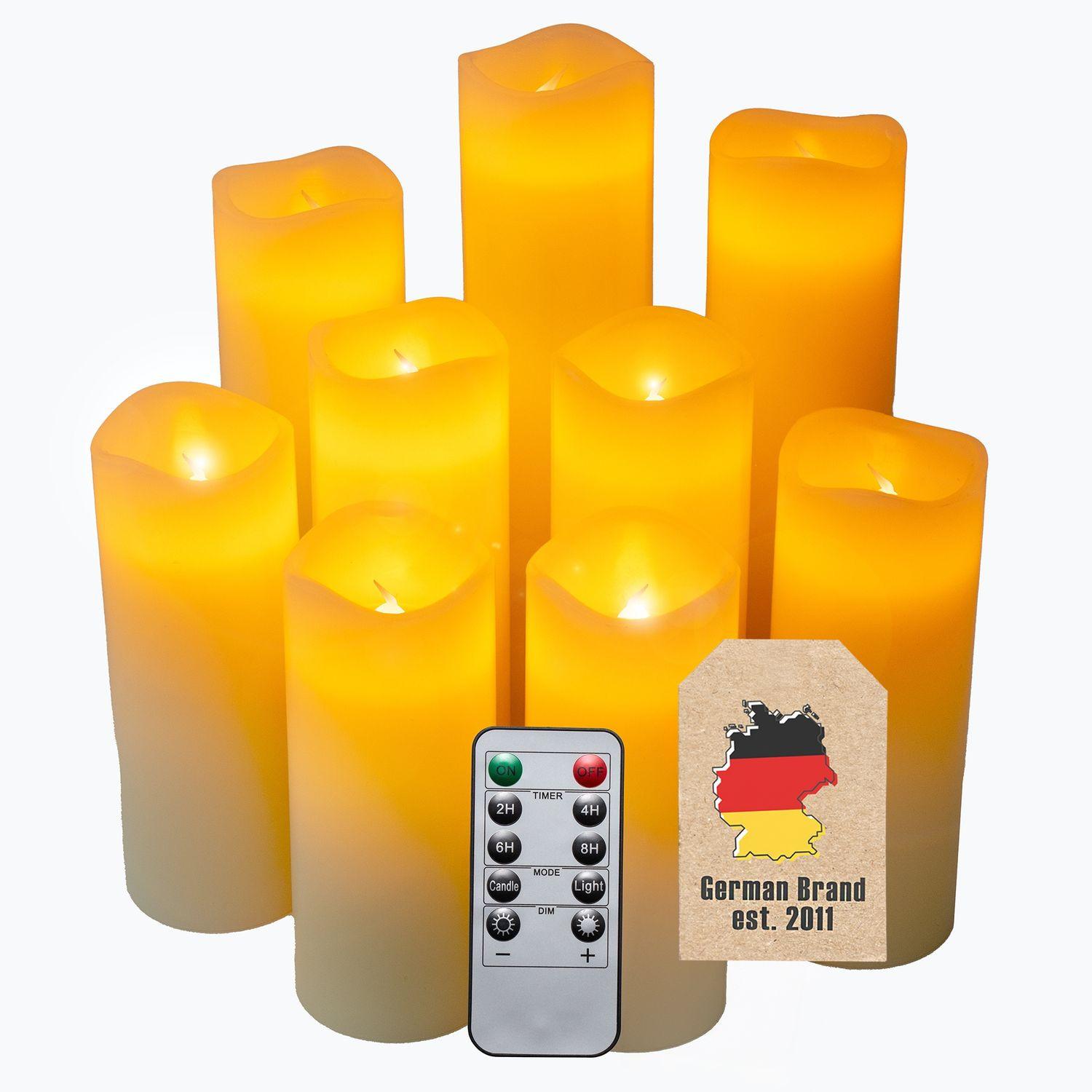 LED KERZEN Set inkl. Fernbedienung (9er-Set) - Weiß, Naturmaterialen (5.5/5.5/20cm) - Intirilife