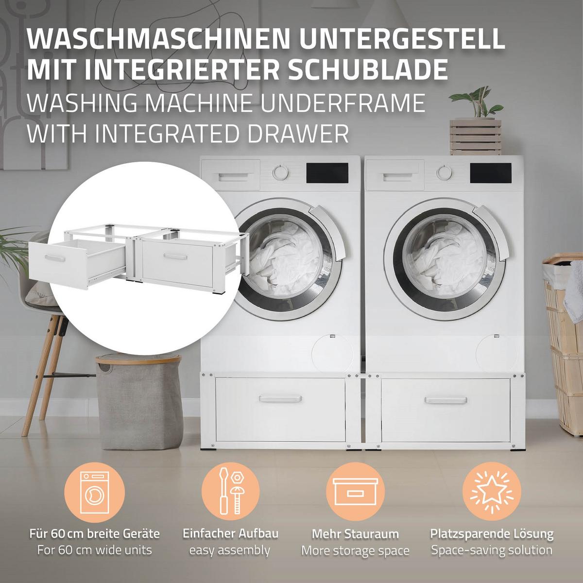 DOPPEL WASCHMASCHINEN UNTERGESTELL 2 Schubladen Weiß 128x53,5x31,5 cm aus Stahl - Weiß, Metall (128/31.5/53.5cm) - ML-DESIGN