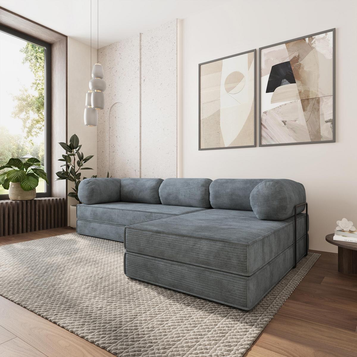 ECKSOFA ETERA modulares Boneless Sofa mit Schlaffunktion Grau Kordstoff - Grau, Textil (270/160cm) - MASSENO