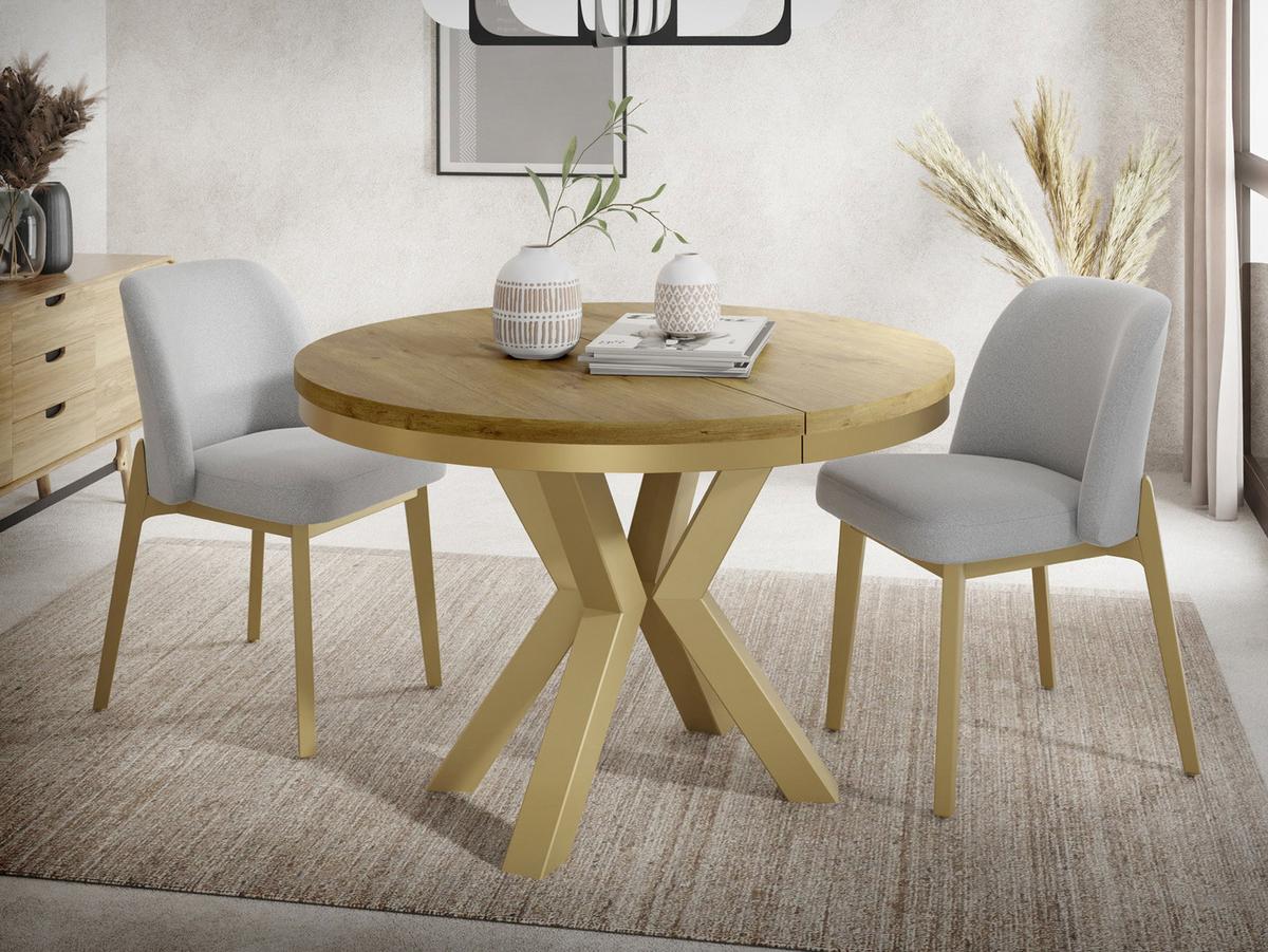 ESSTISCH Clara Gold runder ausziehbarer, Lancelot Eiche 120-200/120/76 cm - Eichefarben/Goldfarben, Holzwerkstoff/Metall (120/196/76cm) - WFL GROUP