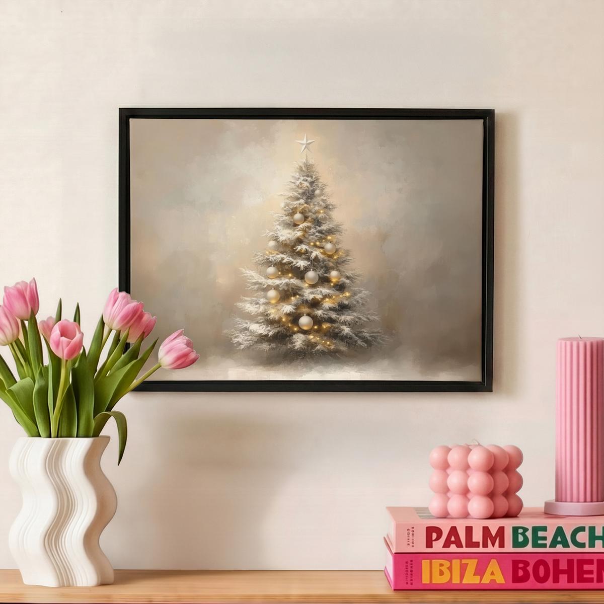 LEINWAND Bilder mit Rahmen - Weihnachten - Weihnachtsbaum - Schnee - Kunst - 40x30 - Champagner, Textil (40/30cm) - MuchoWow