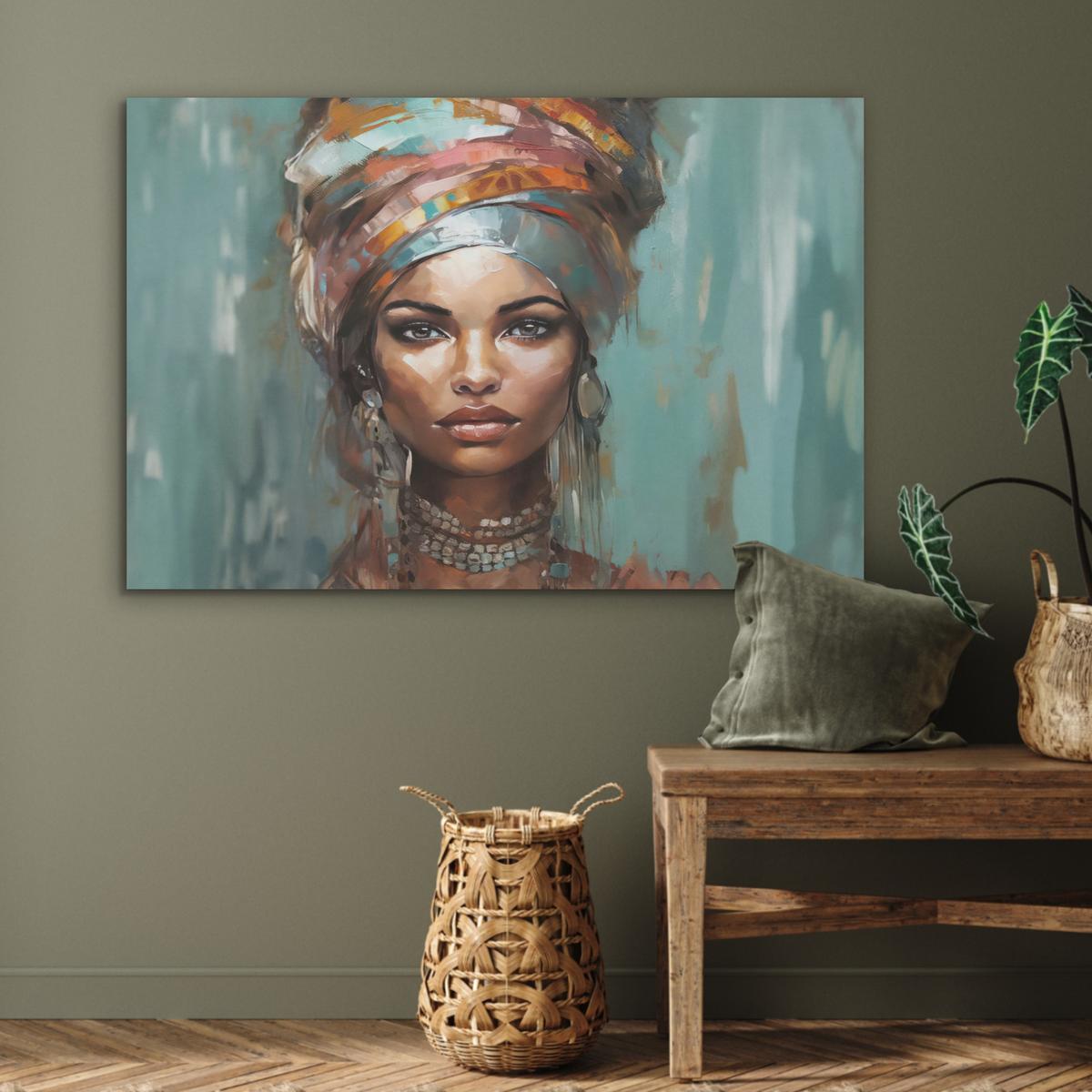 AKUSTIKBILD Frau - Kunst - Schmuck - Porträt Wandbild Wohnzimmer 100x70 cm - Blaugrau, Kunststoff (100/70/0.9cm) - MuchoWow
