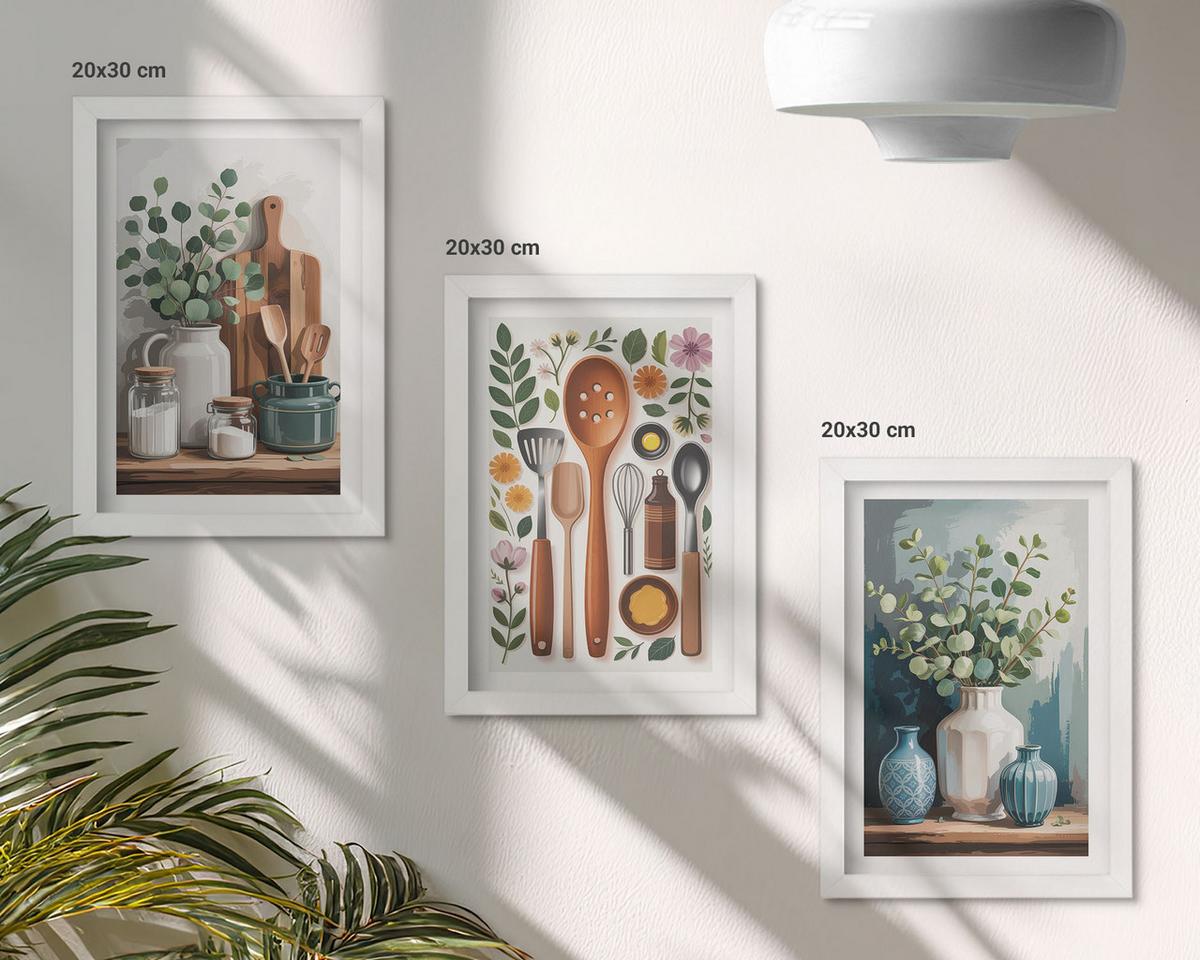 BILDER SET 3er Set - 20x30 cm Weißer Rahmen - Küchenaccessoires auf pflanzlicher Basis - Weiß, Kunststoff (20/30cm) - TULUP