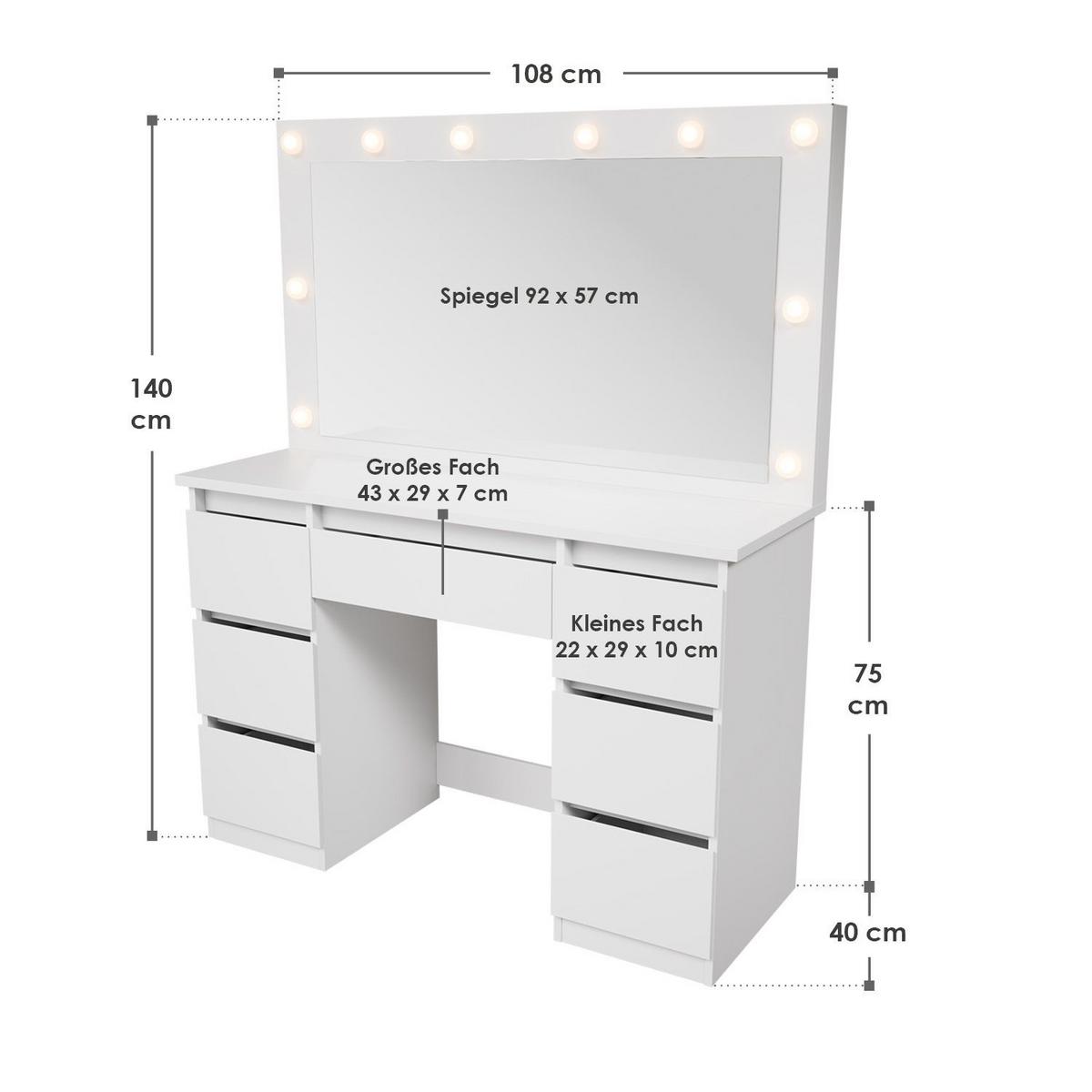 SCHMINKTISCH Lilia weiß mit LED-Beleuchtung - Weiß, Holz (108/140/41cm) - Juskys