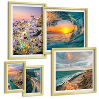BILDER SET 5er Set - 50x50 cm & 20x30 cm & 40x60 cm Goldrahmen - Meereswellen, weiße Häuser, Santorini - Goldfarben, Kunststoff (40/60cm) - TULUP