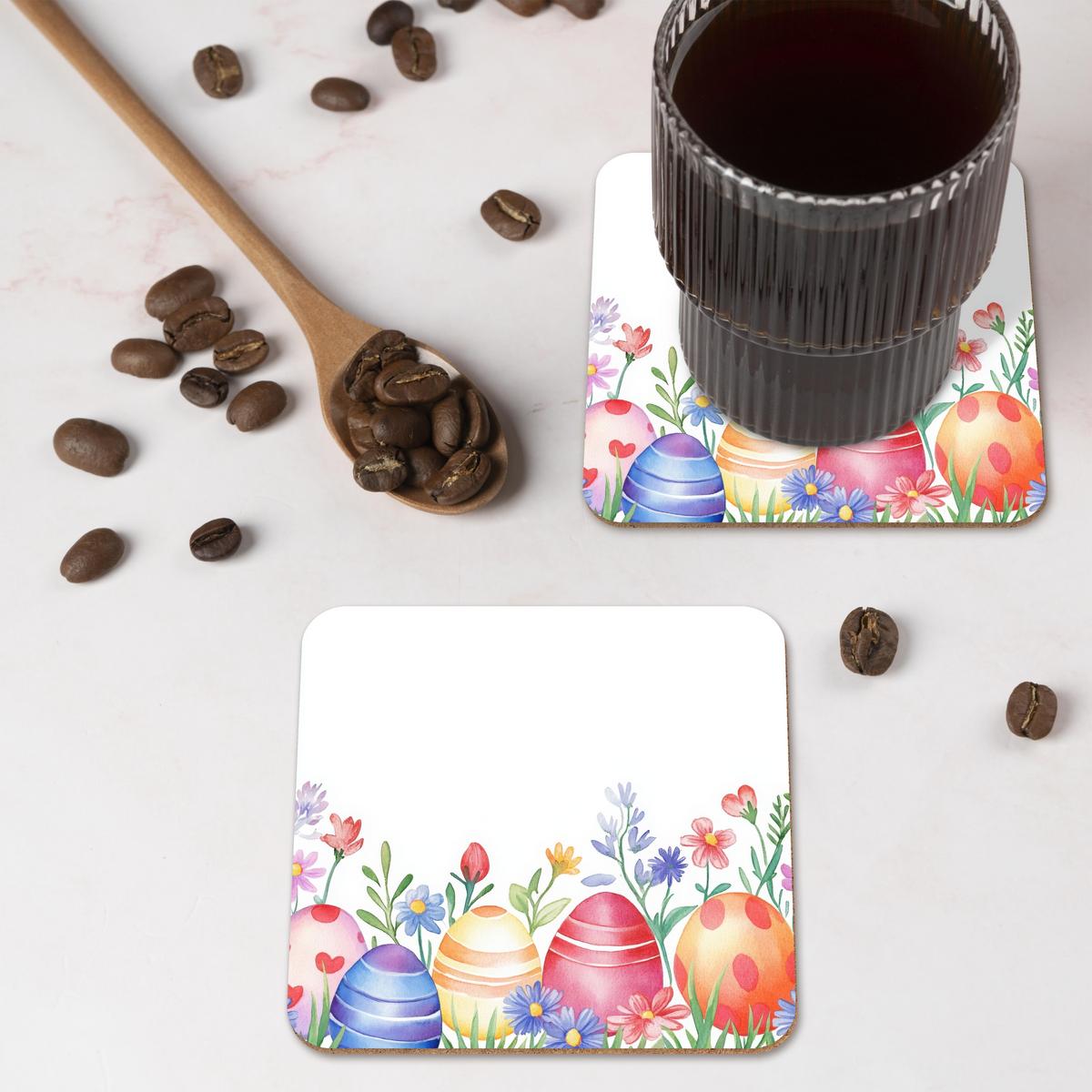 GLASUNTERSETZER 6er-Set Blumengarten - Bunt - Eier Tischset für Gläser 10x10 cm - Weiß, Naturmaterialien (10/0.2cm) - MuchoWow
