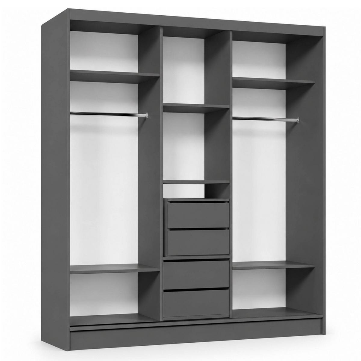 SCHWEBETÜRENSCHRANK Debra mit 3 Türen, 180/216/61 Graphitfarben mit Spiegel und Schubladeneinsätze - Schwarz, Holzwerkstoff (180/216/61cm) - Beautysofa