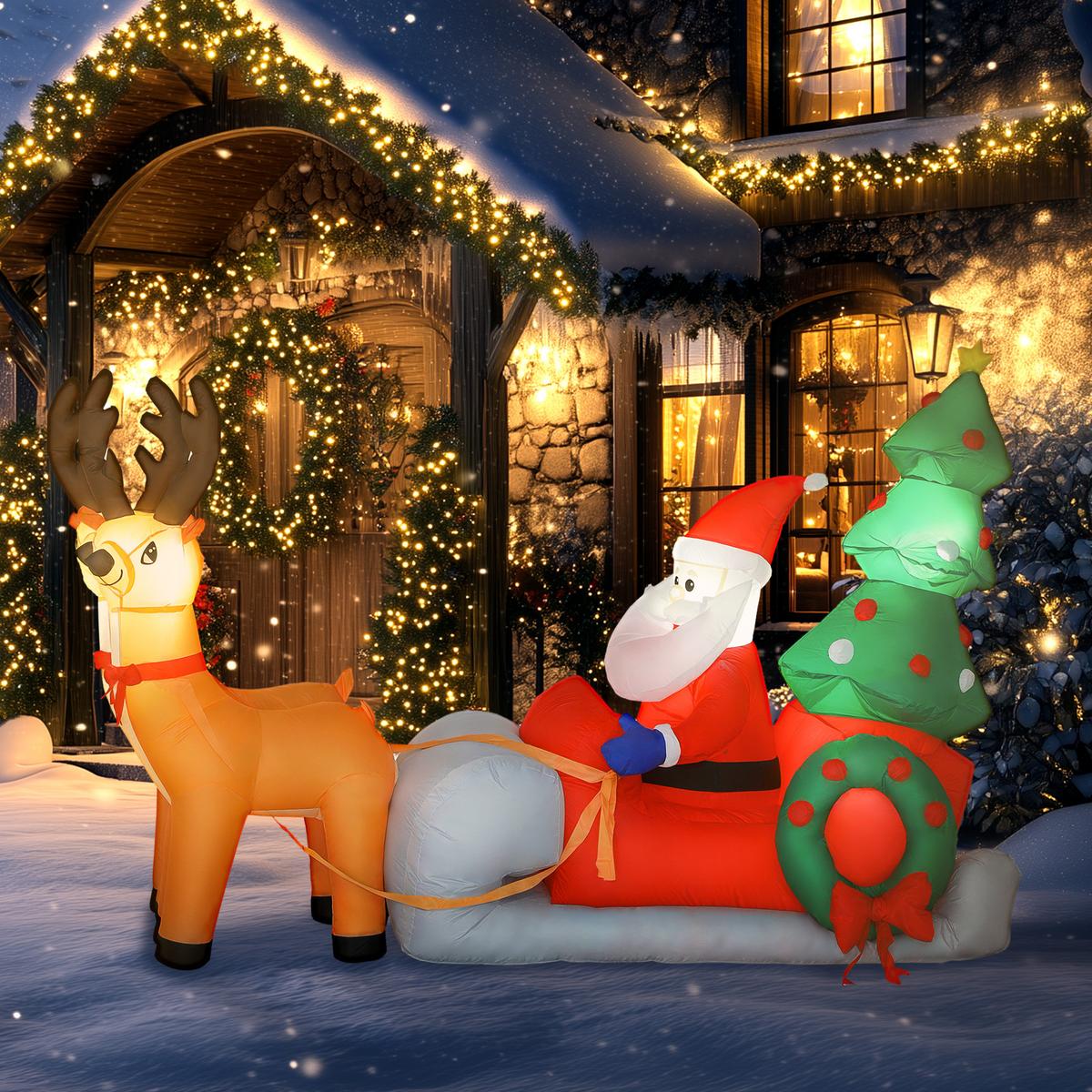 216 cm Aufblasbarer Weihnachtsmann auf Schlitten mit 2 Rentier mit LED-Lichtern - Multicolor, Textil (90/150/216cm) - Outsunny