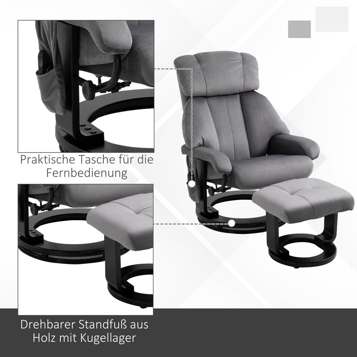 MASSAGESESSEL inkl. Hocker Fernsehsessel drehbar Relaxsessel Samt-Touch Grau - Schwarz/Grau, Textil/Metall (80/102/76cm) - HOMCOM