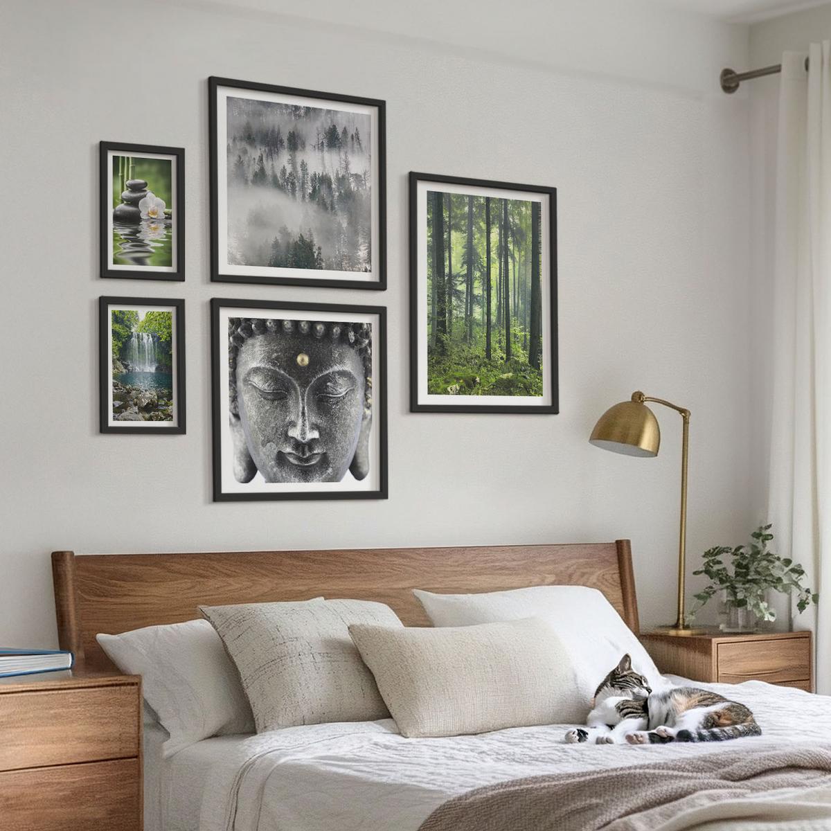 BILDER SET 5er Set - 50x50 cm & 20x30 cm & 40x60 cm Schwarzer Rahmen - Harmonie der Natur, Steine, Wasser, Buddha - Schwarz, Kunststoff (40/60cm) - TULUP