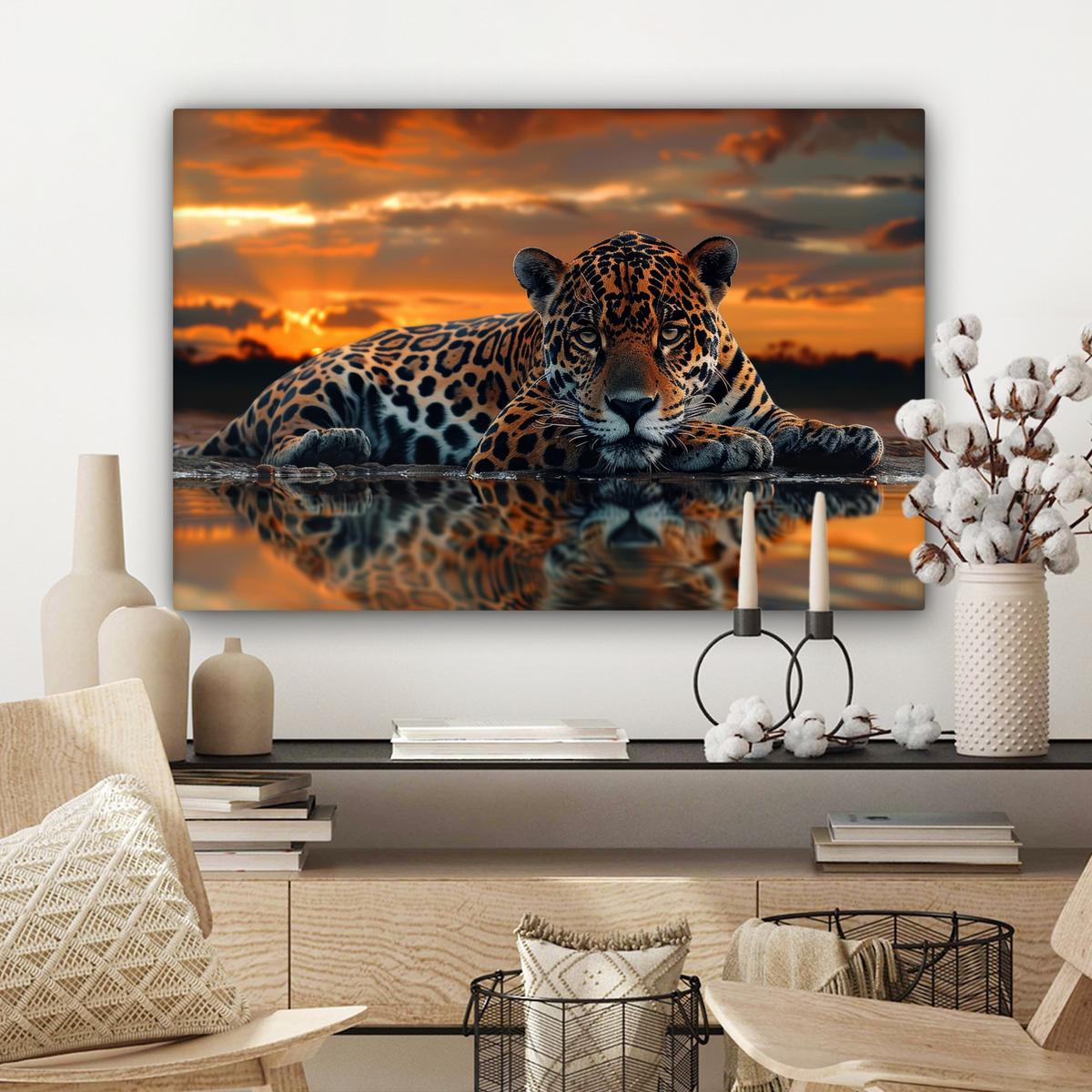 LEINWANDBILD Natur - Leopard - Tier - Sonnenuntergang - Modern Gemälde 60x40 cm - Orange, Textil (60/40cm) - MuchoWow