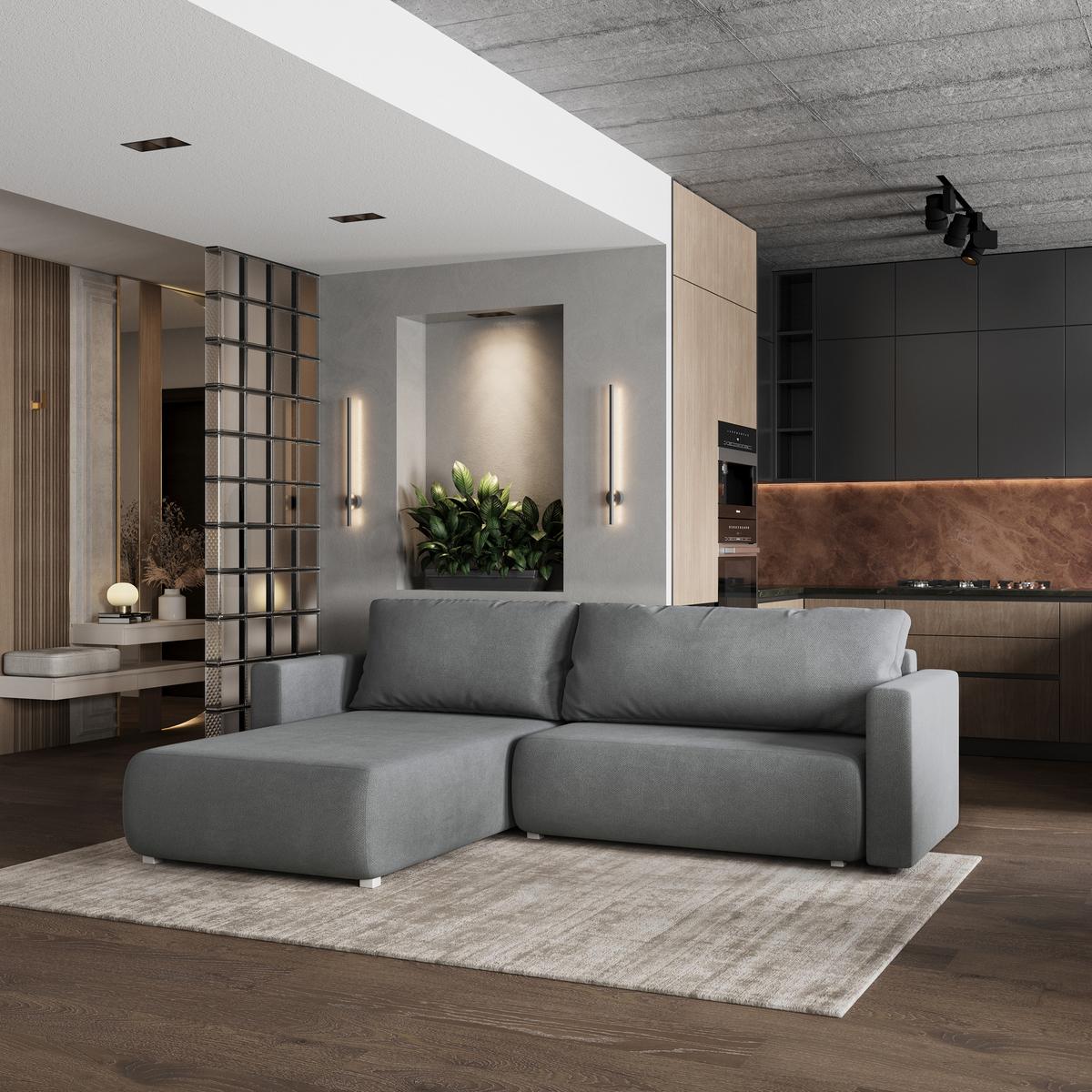 ECKSOFA TURIN Grau Geflochtener Stoff mit Schlaffunktion - Grau, Holz (265/183cm) - MASSENO