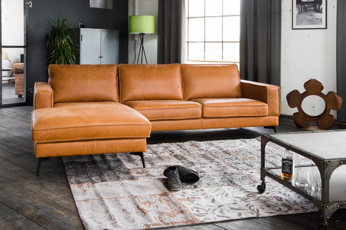 ECKSOFA BLOOM Braun Leder - Schwarz/Braun, Leder/Metall (276/177cm) - KAWOLA